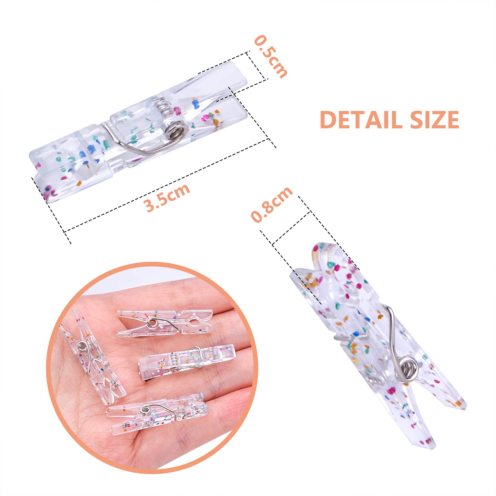 100pcs Transparent Plastic Clothespins with Glitter - 3.5cm Mini Clips for Crafts, Photos, Laundry & Christmas Decorations - Perfect for DIY Projects, Party Decor, and Home Organization