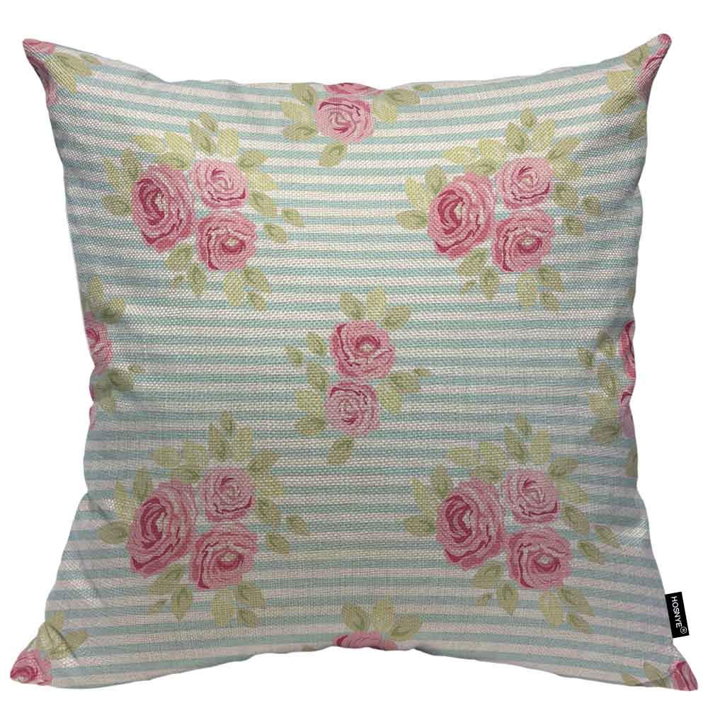 HOSNYE 18x18 Inch Cotton Linen Throw Pillow Cover - Roses and Stripes Pattern, Shabby Chic Decorative Cushion Case for Sofa, Bed, or Kitchen - Perfect for Farmhouse, Cottage, and Vintage Home Decor