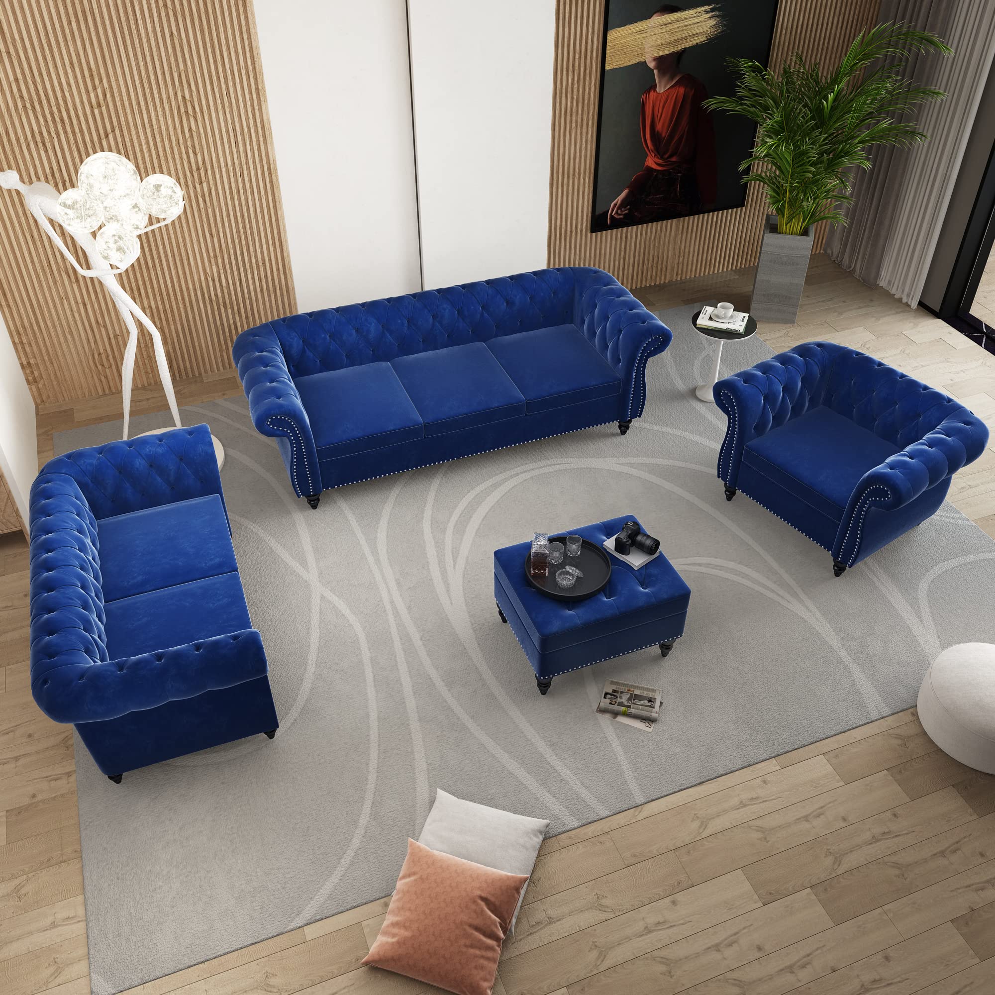 3 Piece Living Room Set - Chesterfield Velvet Sofa, Loveseat & Chair with Scroll Arms & Nailhead Trim - Blue Velvet Upholstery for Home, Office & Lounge (1-2-3 Seating Set) - Perfect for Living Rooms, Home Theaters & Luxury Apartments