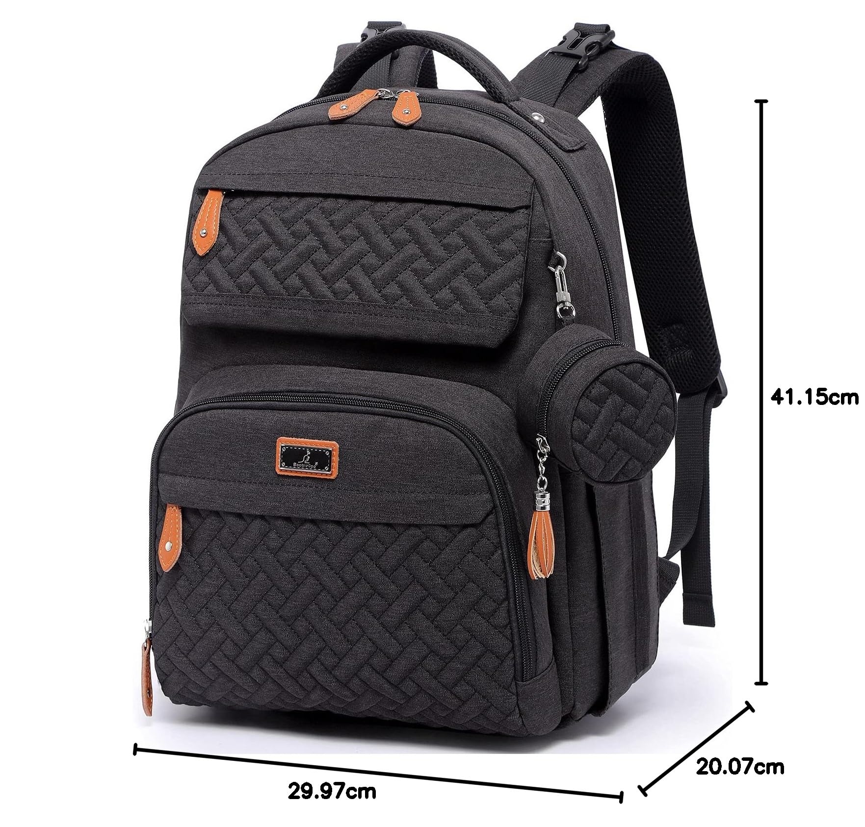 BabbleRoo Waterproof Diaper Bag Backpack for Travel - Multifunctional Baby Carrier with Changing Pad, Pacifier Case & Stroller Straps - Unisex Black Backpack for Parents, Daycare & Family Outings