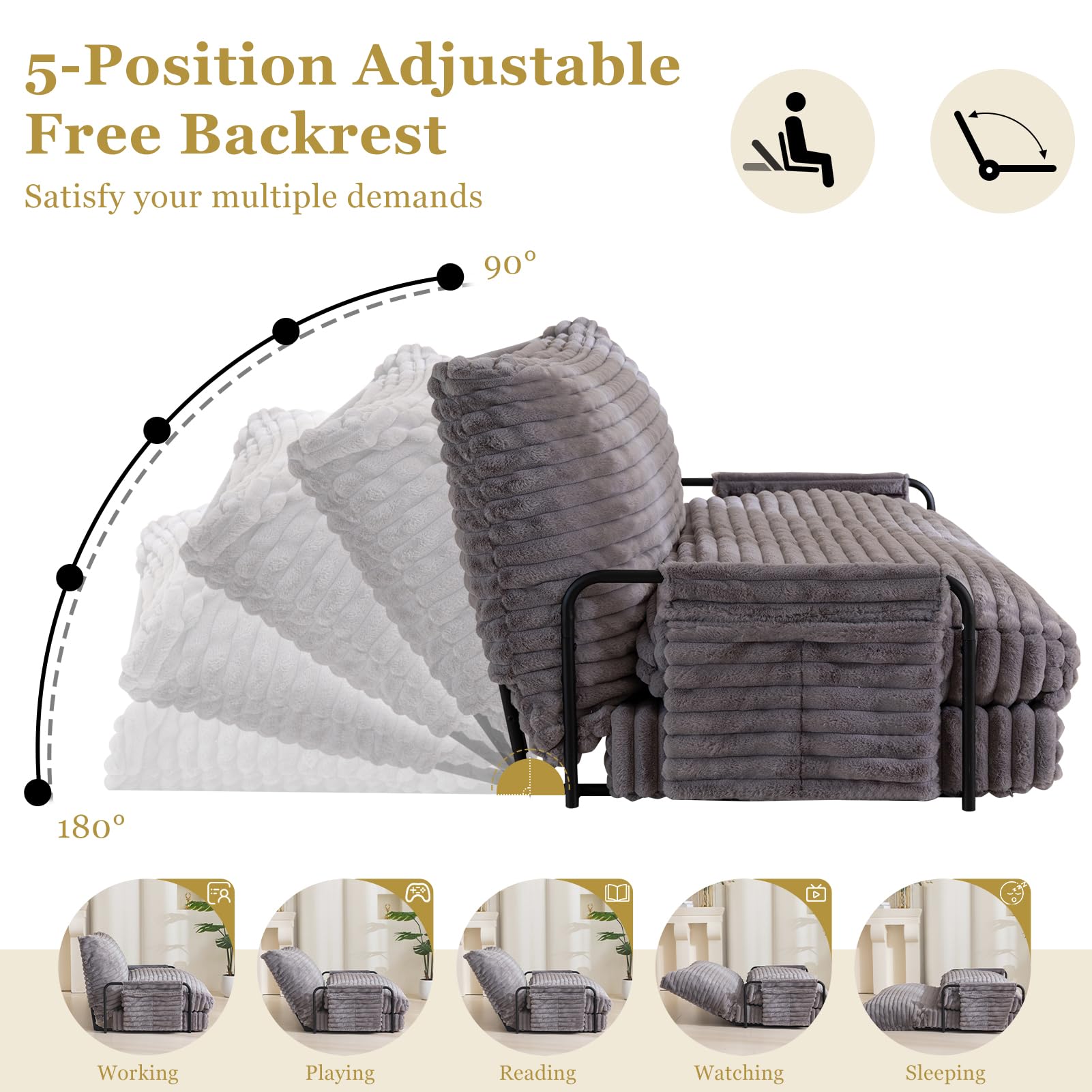 MAXYOYO Adjustable Lazy Floor Sofa - 5 Position Foldable Sleeper Chair with Armrest, Grey | Comfortable Floor Lounger for Living Room, Bedroom & Small Spaces | Perfect for Reading, Napping & Relaxing