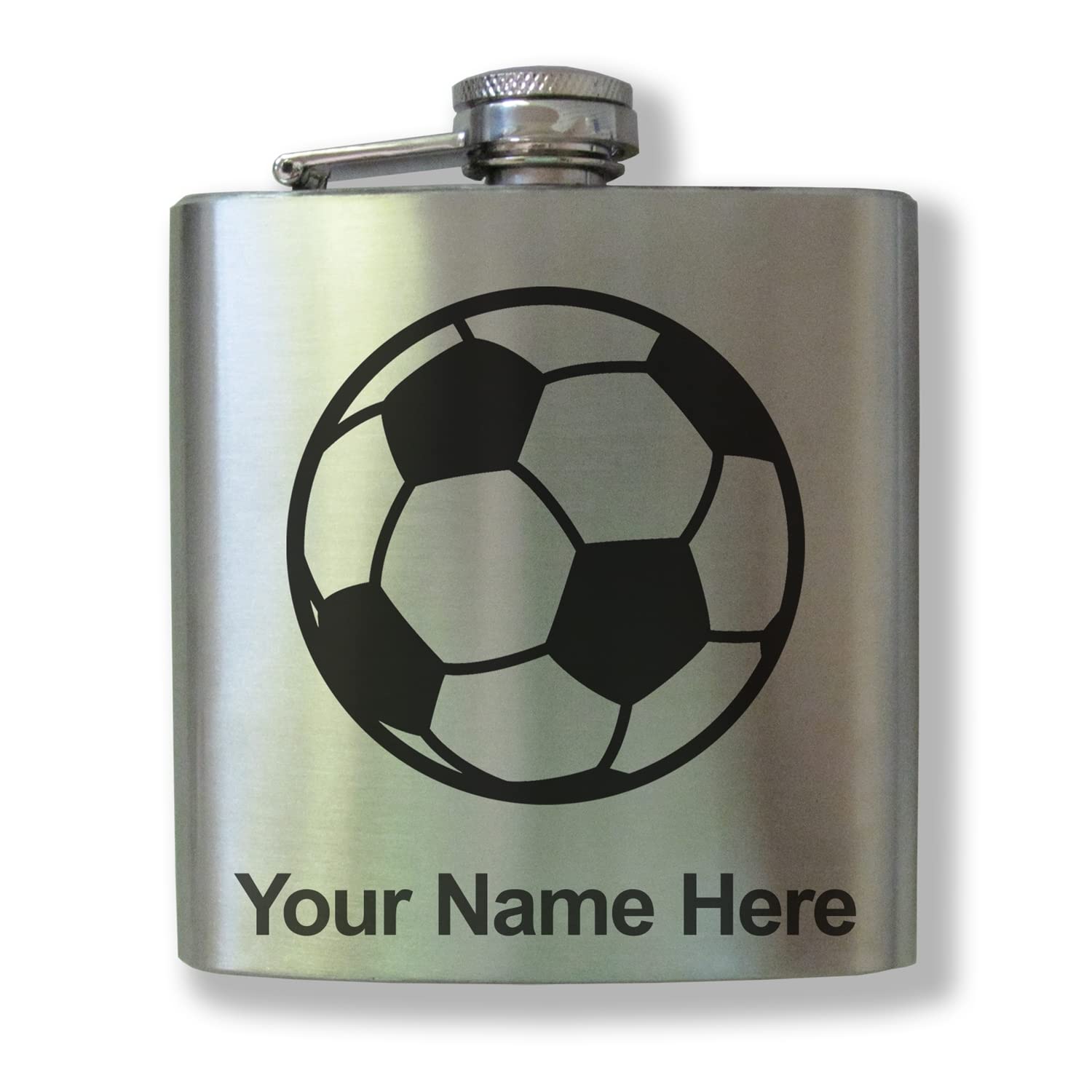 6oz Stainless Steel Flask with Soccer Ball Design - Personalized Engraving Included (Great for Gifts, Sports Events & Outdoor Adventures)