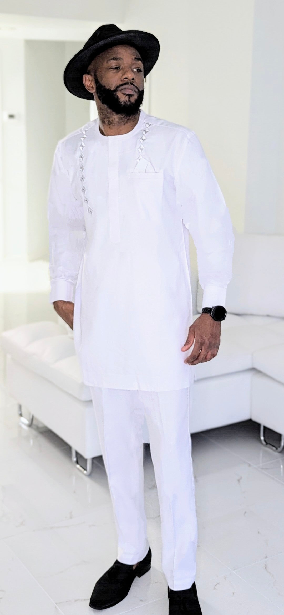 Dupsie's All White Majestic Ezze Senator Dashiki Set with Silver Embroidery & Matching Pants - African Traditional Outfit for Weddings, Parties & Special Occasions (DPAWWS44)