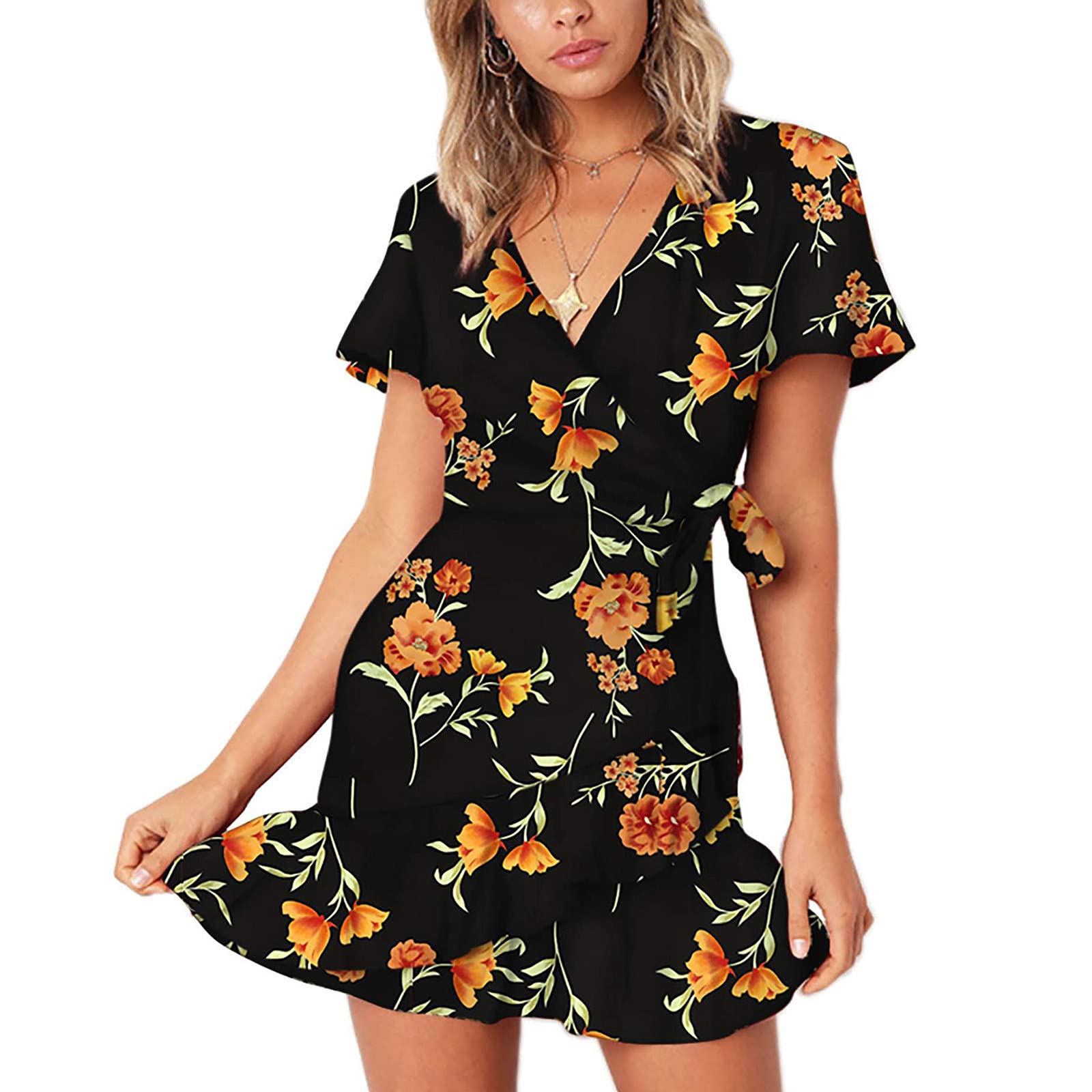 ORT Women's Fashion Dresses 2021 - Summer V-Neck Short Sleeve Striped Sling Strap Dress | Casual Wear, Beach Outfits & Party Dresses