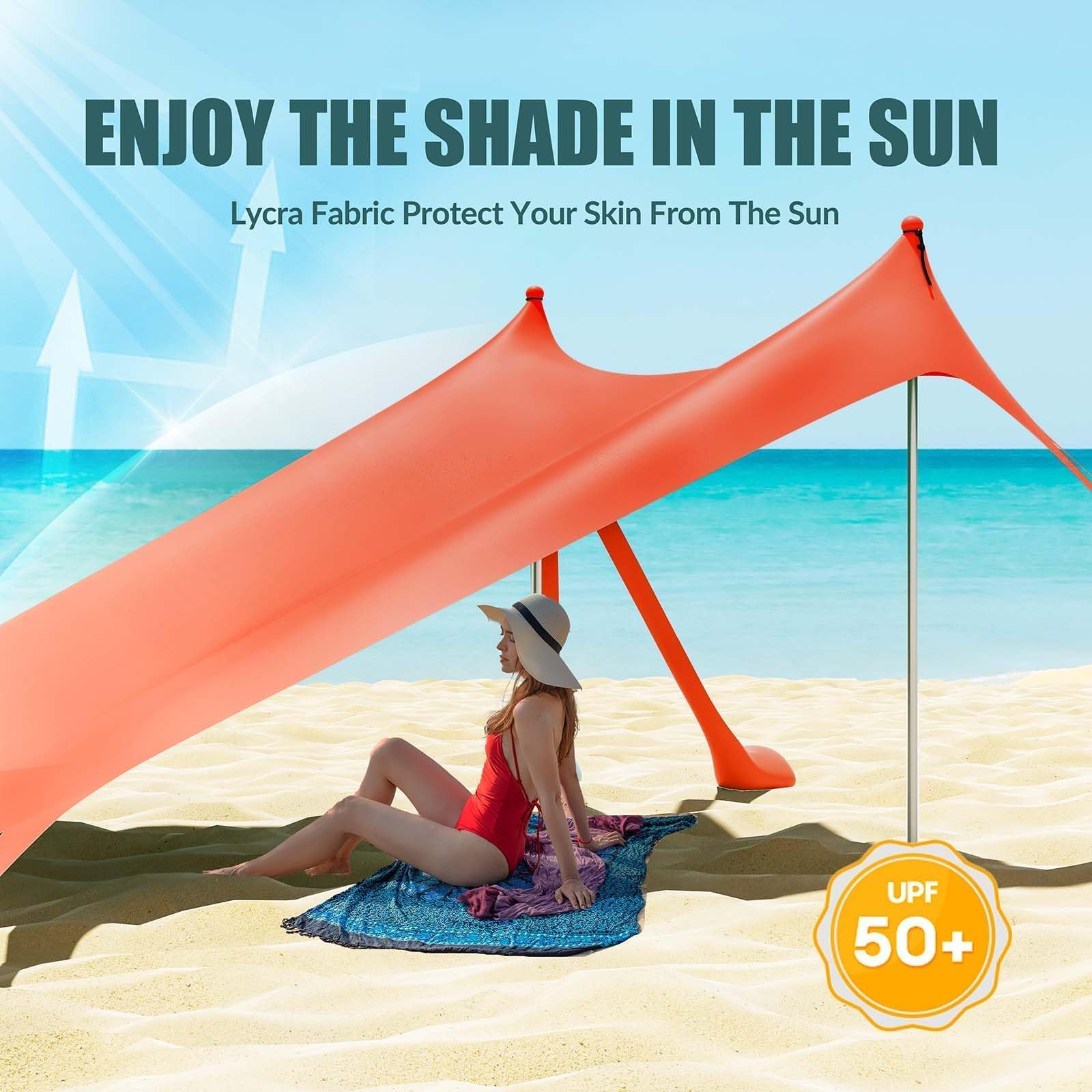 Gardentime Pop Up Beach Tent with 8 Sandbags & 4 Aluminum Poles - Portable Sun Shelter for Camping, Easy Setup Includes 2 Sand Shovels, Ground Pegs & Carrying Bag - Perfect for Outdoor Beach Trips, Picnics, Fishing and Family Vacations