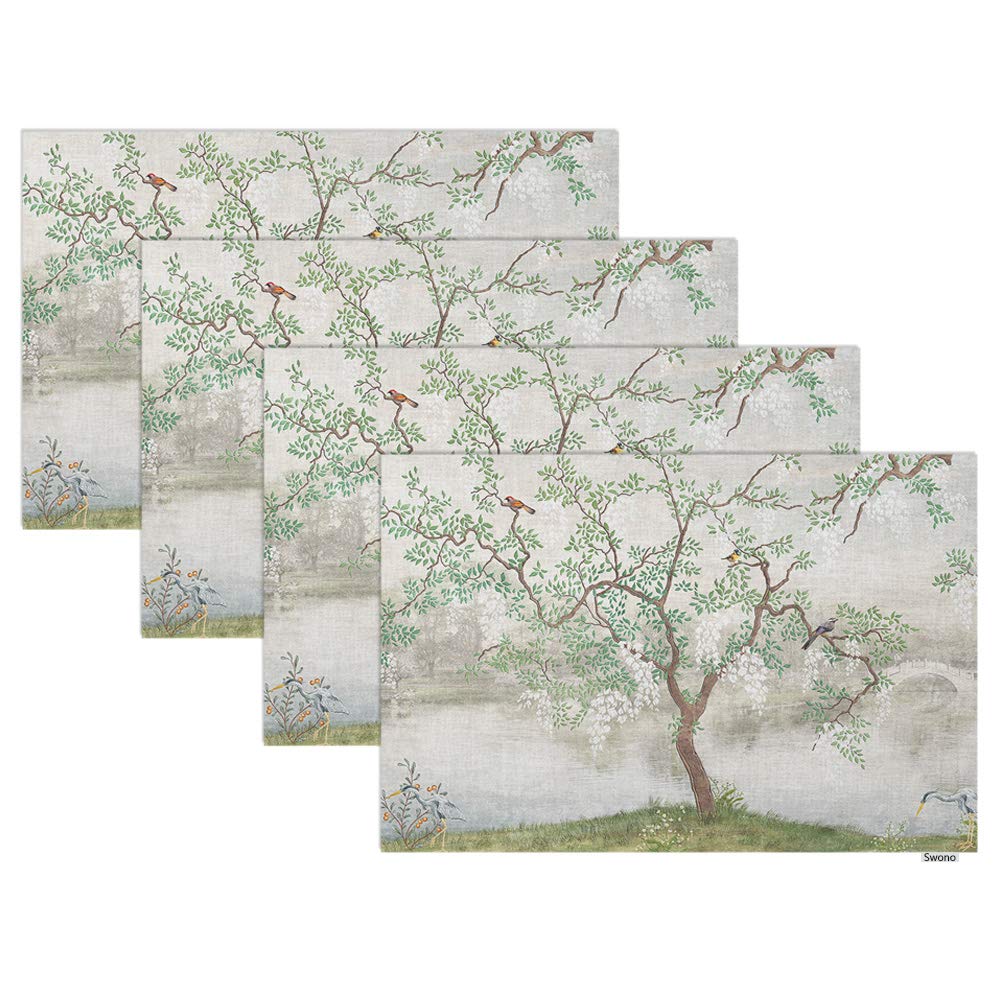 Swono Tree by The Lake Placemat Set of 4 - Japanese Garden Inspired Misty Landscape with Birds - 12x18 Inch Oilproof Table Mats for Dining & Kitchen Decor - Perfect for Home Entertaining & Everyday Meals