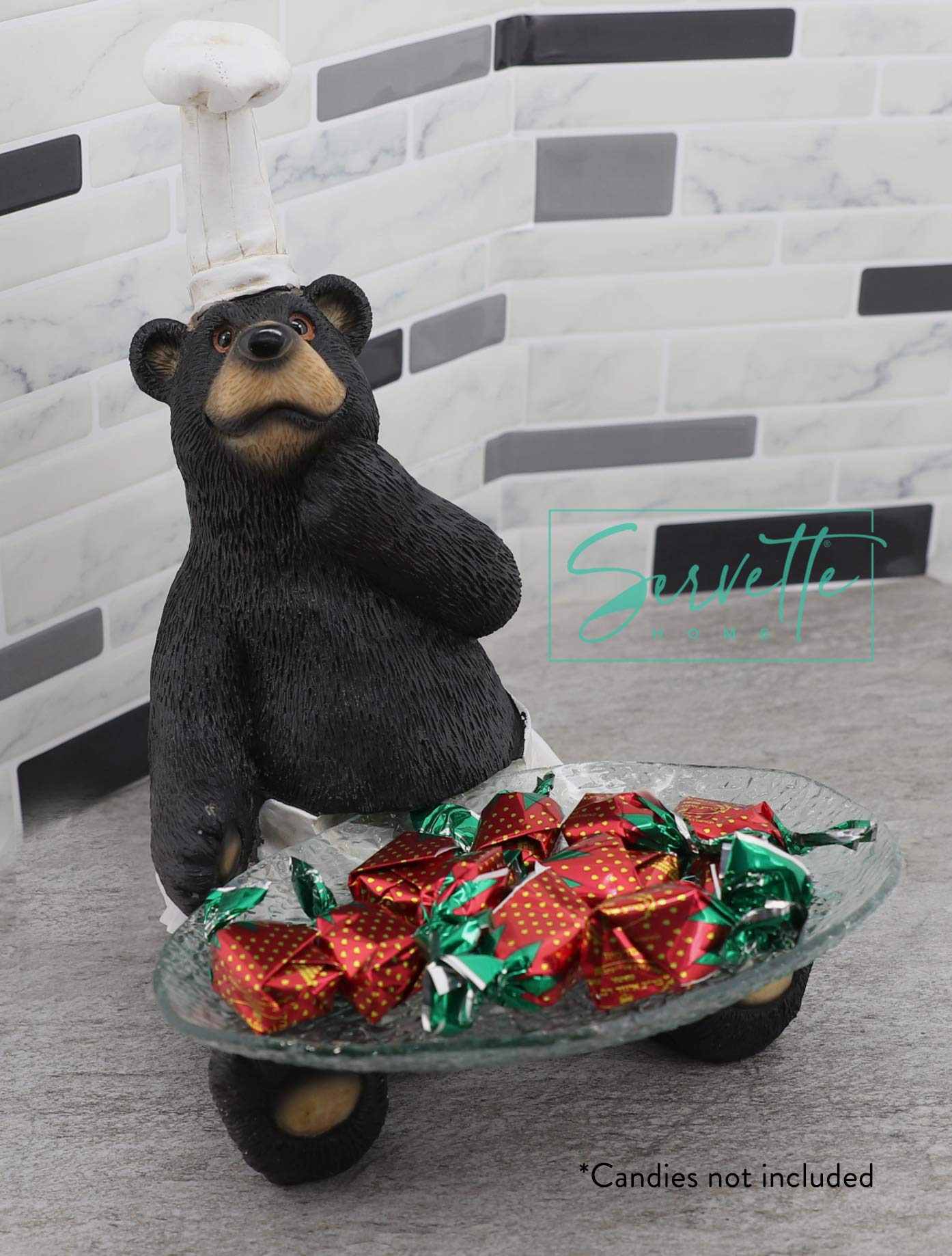 Servette Home Polyresin & Glass Bear Chef Candy Dish - Rustic Cabin Lodge Decor for Kitchen Counter, Dining Table, or Gift Giving
