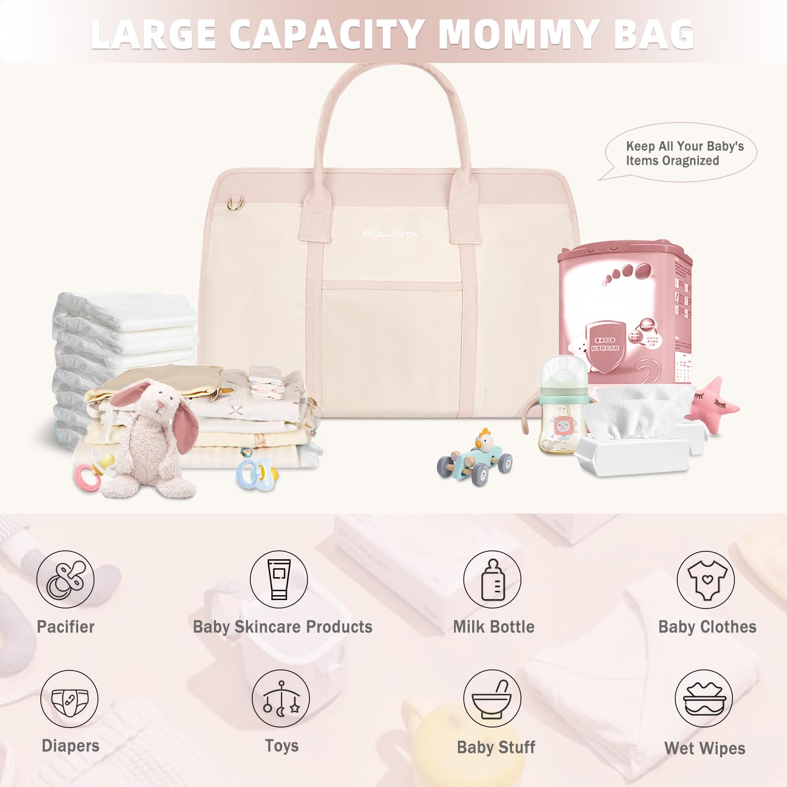 BOLOSTA Stylish Diaper Bag for Women - Large Waterproof Tote with Changing Pad - Perfect for Hospital, Labor & Delivery, Travel, and Everyday Use as a Maternity Bag