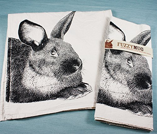 Black Bunny Rabbit Tea Towel - Hand Printed Flour Sack Kitchen Towel for Drying Dishes, Decor & Gift Giving