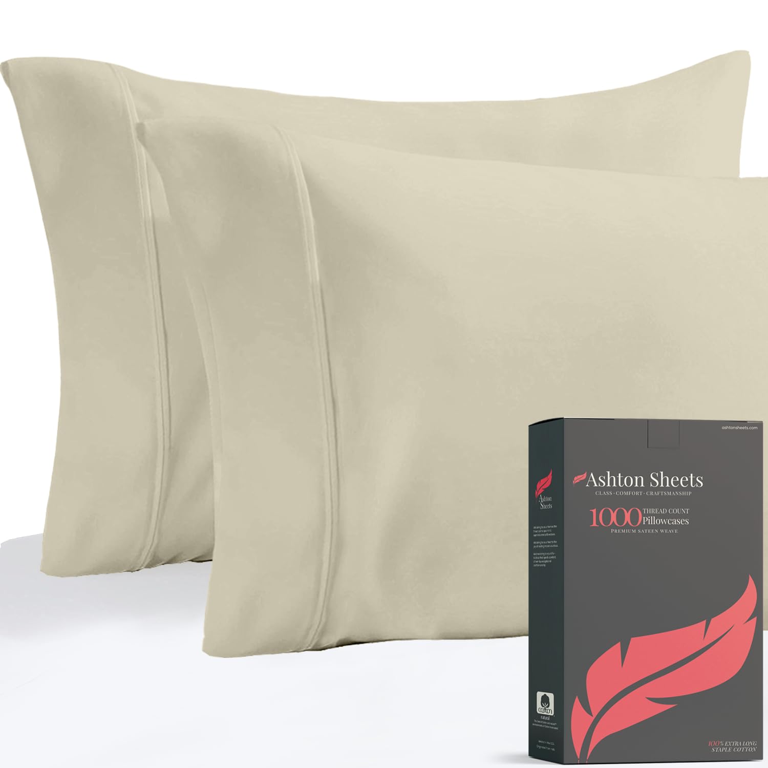 Luxury 1000 Thread Count Egyptian Cotton Pillowcases Set of 2 - Standard/Queen Size, Soft Sateen Weave Cooling Pillow Covers for Hot Sleepers - Perfect for Master Bedroom, Guest Room & Hotel Use - Sand Color