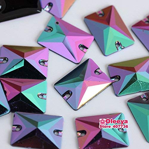 STORE99® 50pcs 13x18mm Rectangle AB Color Rhinestones with Black Bottom - Flatback Sew On Rhinestones for Clothes, DIY Crafts, Wedding Dresses & Costumes - 2 Hole Resin Stones for Sewing & Embellishment (Y3804)