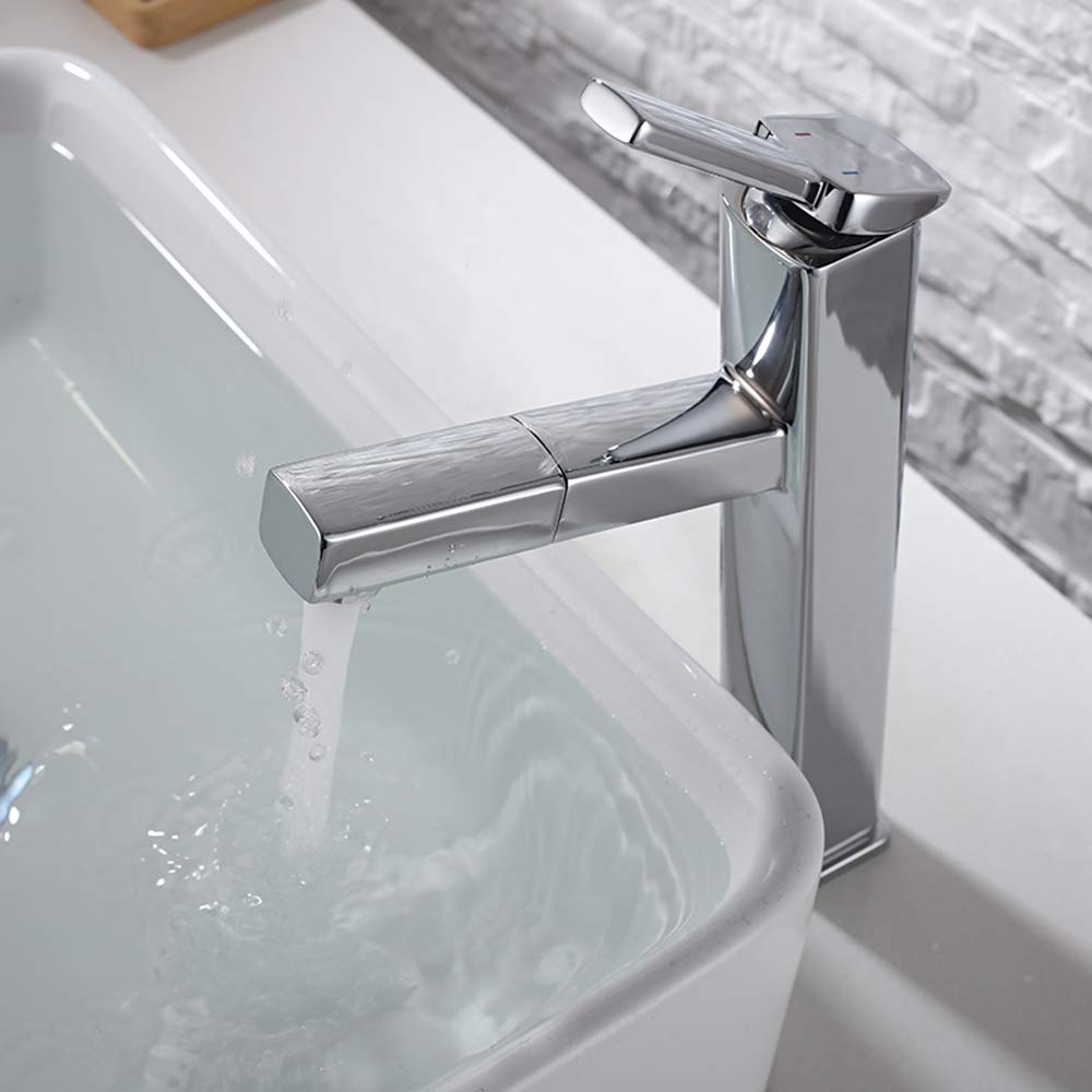 KAIYING Pull Down Vessel Sink Faucet - Single Hole Bathroom Basin Faucet with Pull Out Sprayer & Rotating Spout - Tall Chrome Lavatory Mixer Tap for Modern Vanity & Utility Sink - Perfect for Home, Hotel, and Commercial Bathroom Renovations