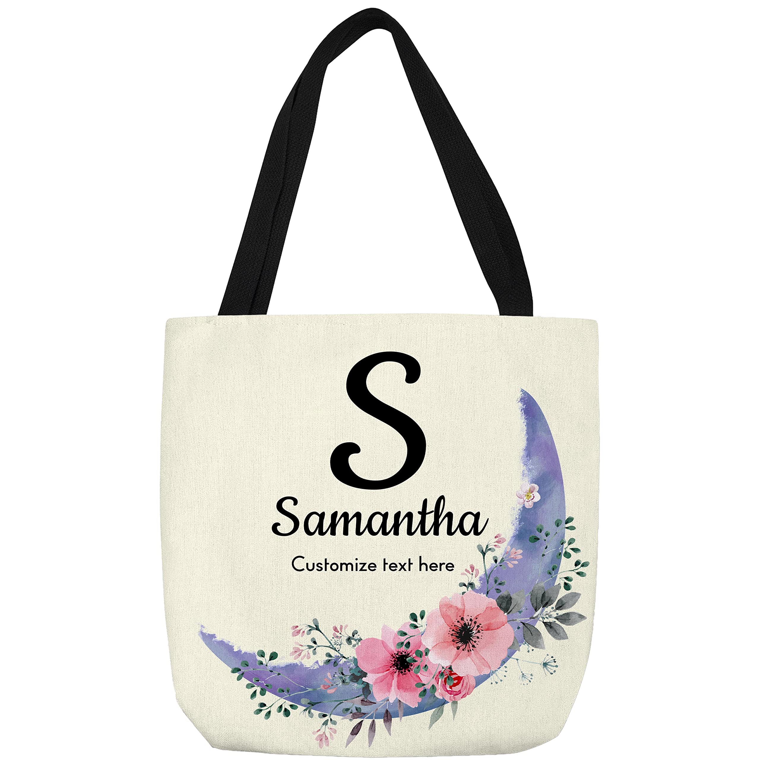 Custom Floral Letter & Name Personalized Tote Bags - Reusable Grocery Shopping Bags for Women - Eco-Friendly Cotton Canvas Handbag for Daily Use, Beach, Work & Gift Giving