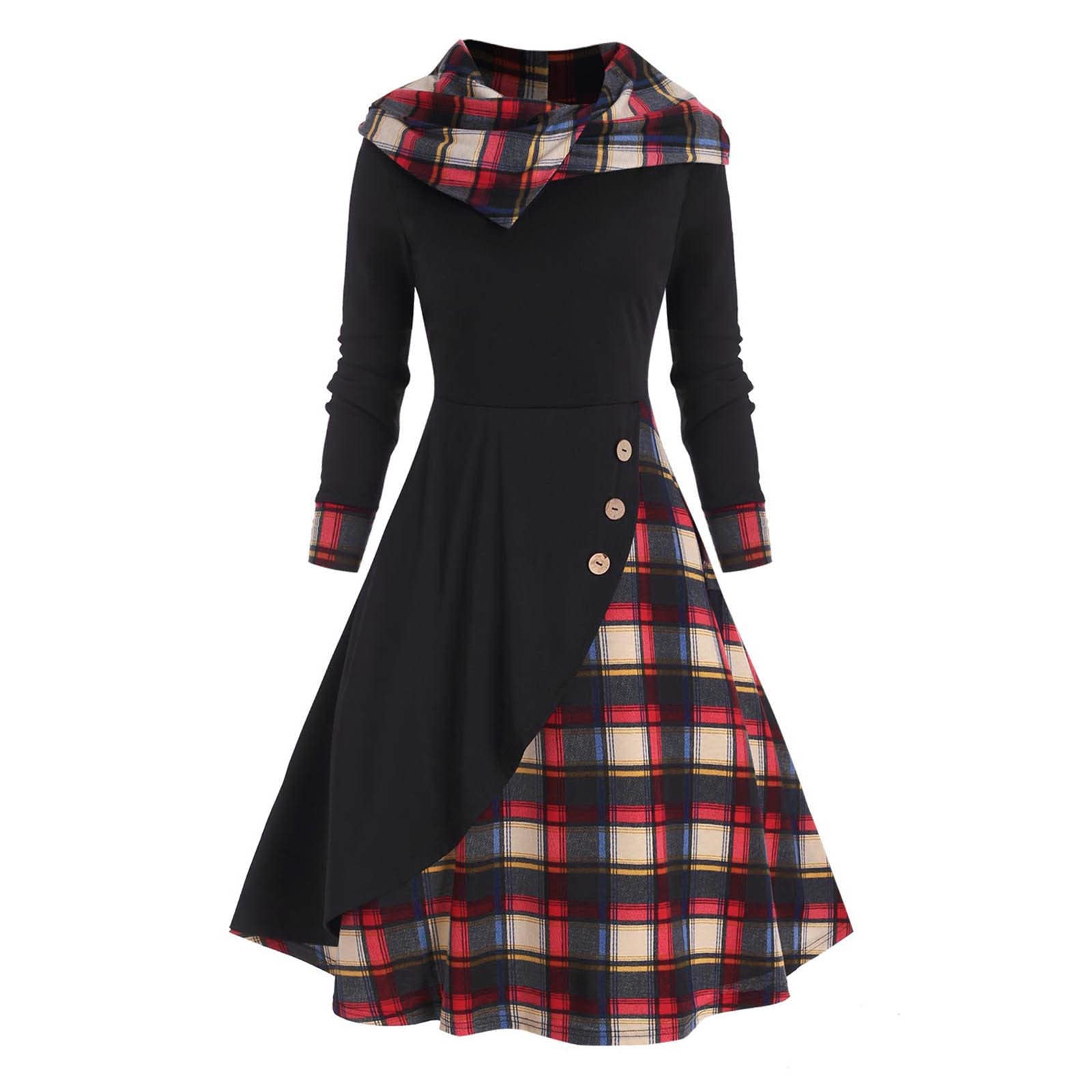 Women's Plaid Long Sleeve Hooded Button Dress - Vintage Gothic Patchwork Midi Dress for Fall & Winter - Perfect for Casual Outings, Date Nights and Holiday Parties