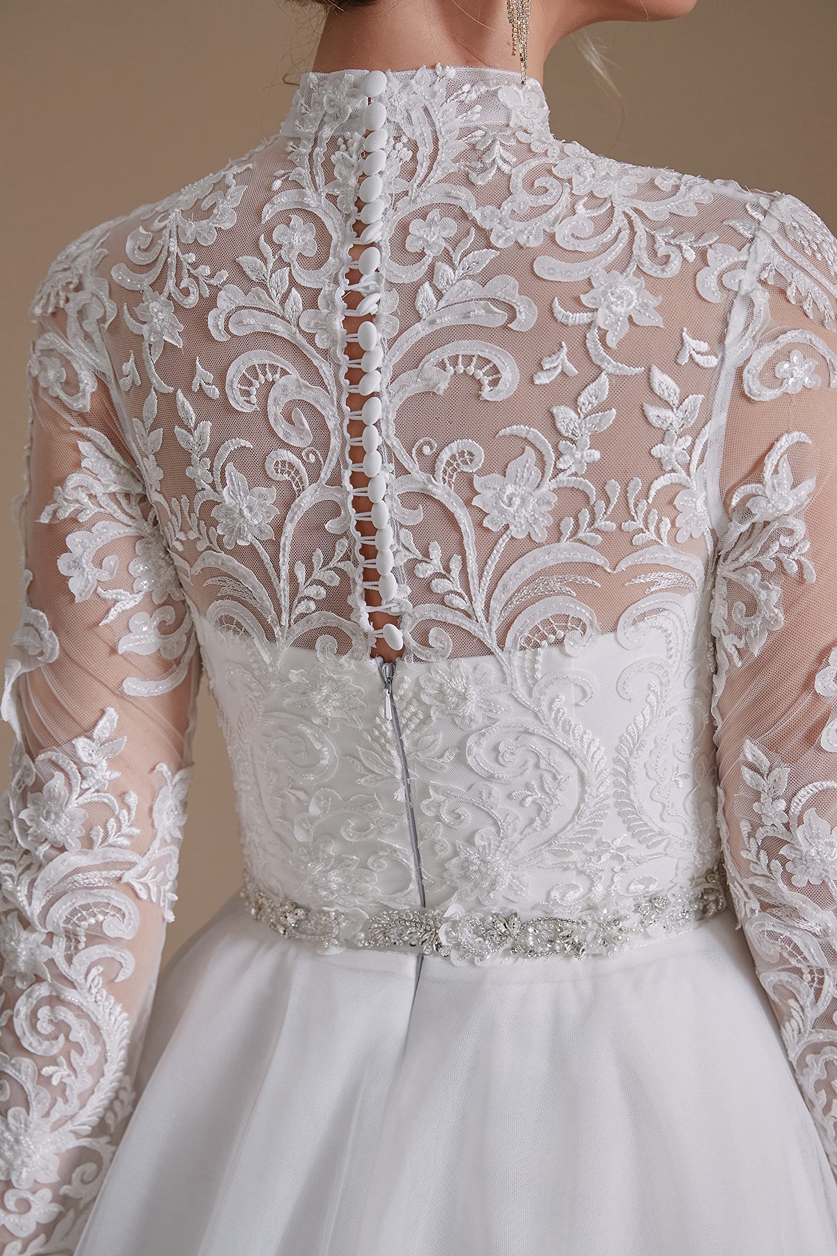 Elegant A-Line Beaded Applique Tulle Wedding Dress for Women - Long Sleeve Bridal Gown for Church, Beach & Garden Ceremonies