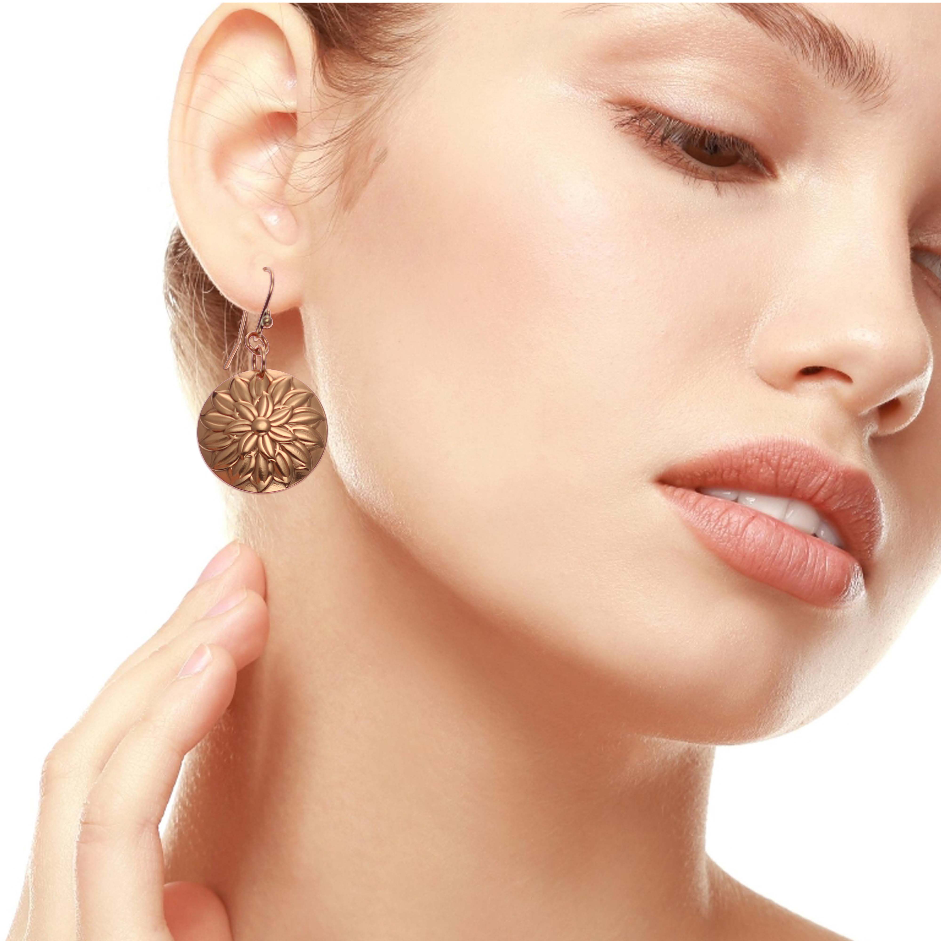 Chrysanthemum Copper Disc Earrings for Women - Handmade Boho Dangle Earrings - Lightweight Vintage Jewelry Gift for Birthday, Wedding & Everyday Wear