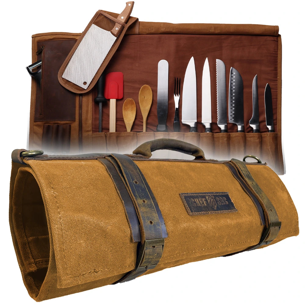 Premium Waxed Canvas & Leather Chef Knife Roll Bag - Professional Knife Storage for Chefs, Culinary Students & Cooking Enthusiasts - Perfect for Kitchen, Travel & Culinary School