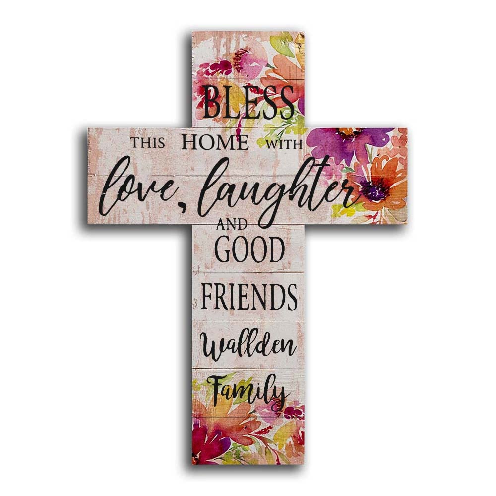 ERMUHEY Bless This House with Love & Laughter Wooden Wall Sign - Rustic Home Decor for Living Room, Office & Outdoor - Inspirational Cross Wood Painting for Farmhouse, Porch & Entryway Decor