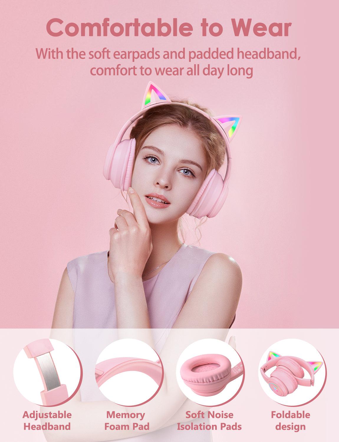 Onikuma B90 RGB Cat Ear Bluetooth 5.0 Wireless Gaming Headset with Microphone - Lightweight Over-Ear Headphones for PC, PS4, Xbox, Mobile Gaming - Perfect for Streaming, Esports & Late-Night Gaming Sessions