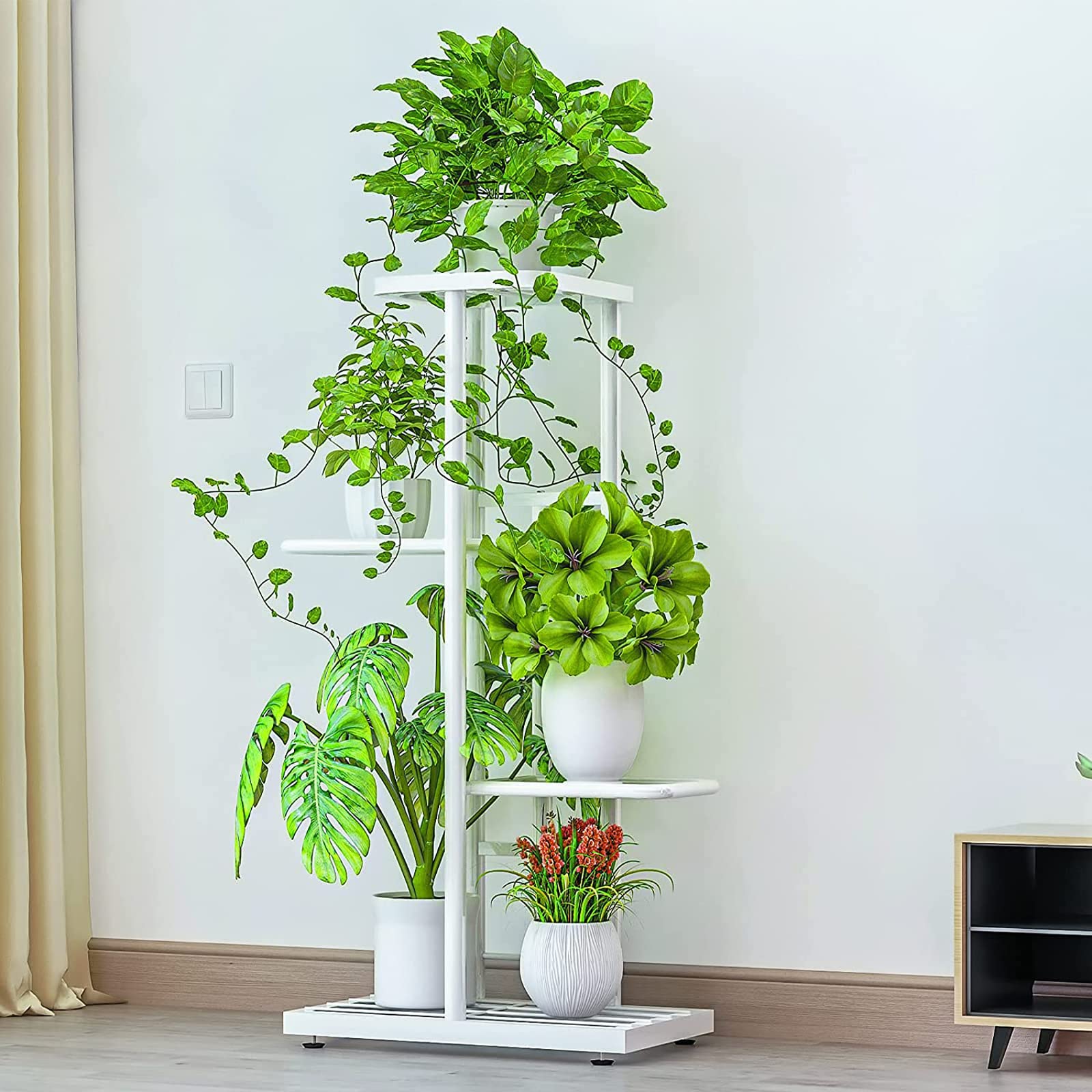 4-Tier Metal Plant Stand Indoor Outdoor - 5 Potted Flower Holder Shelf for Garden, Patio, Balcony & Living Room - White Planter Display Shelving Unit for Home Decor & Plant Lovers