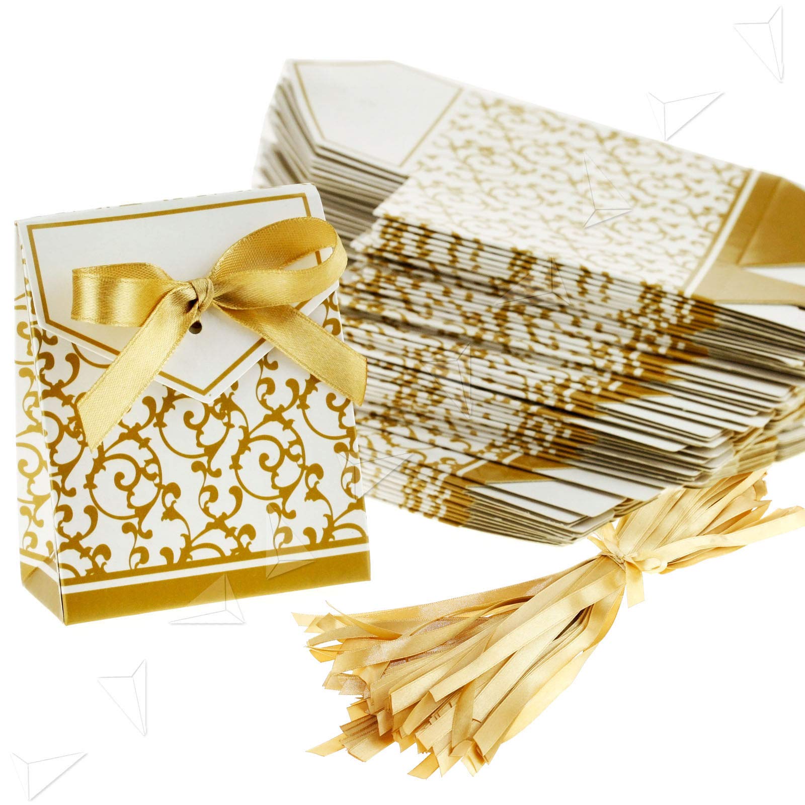 A&S Creavention 100-Pack Gold Bridal Wedding Party Favor Ribbons - Elegant Candy Boxes & Gift Bags for Wedding, Baby Shower, Birthday Celebrations