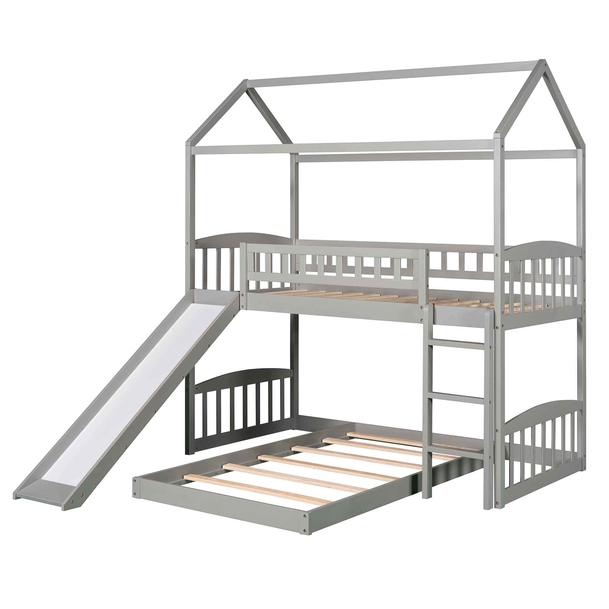 ATY House Twin Over Twin Wooden Bunk Bed for Kids with Slide, Roof, Guardrail & Ladder - No Box Spring Needed - Space-Saving Gray Bunkbed for Bedrooms, Guest Rooms & Vacation Homes