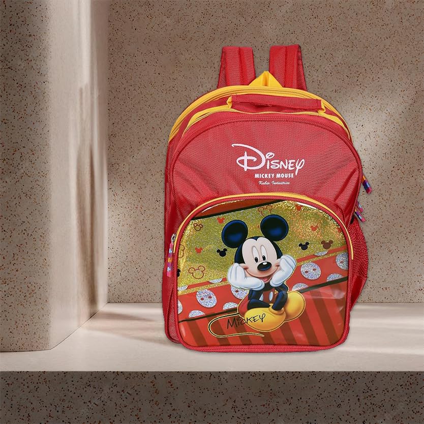 Kuber Industries Disney Mickey Mouse Kids School Backpack - 3 Compartment Book Bag for Boys & Girls - Durable Student Backpack for Elementary School, Travel & Daily Use - Red