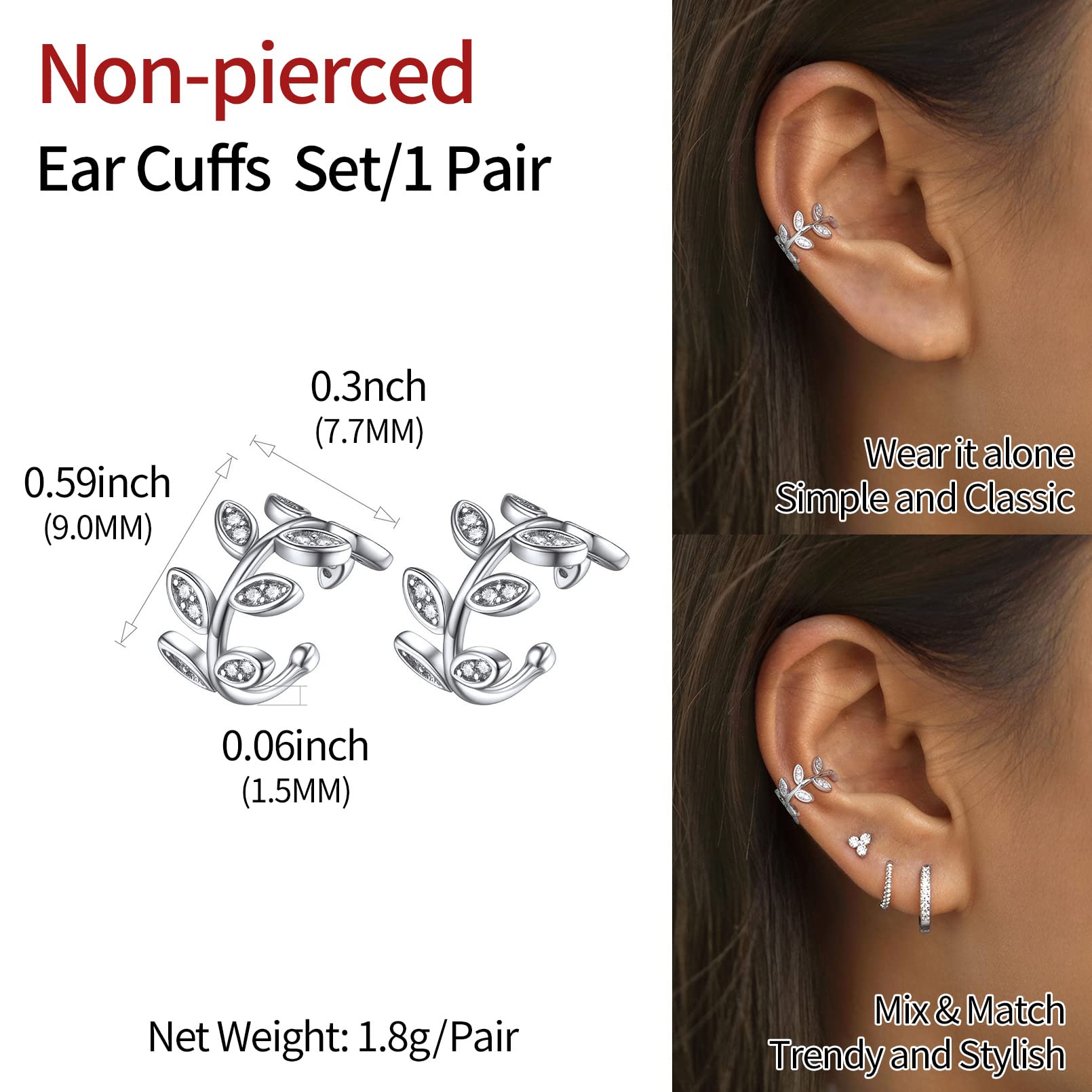 ChicSilver 925 Sterling Silver Non-Piercing Ear Cuff Clip-On Cartilage Earrings for Women - Hypoallergenic Fashion Jewelry Gift (with Gift Box) | Perfect for Parties, Weddings & Everyday Wear