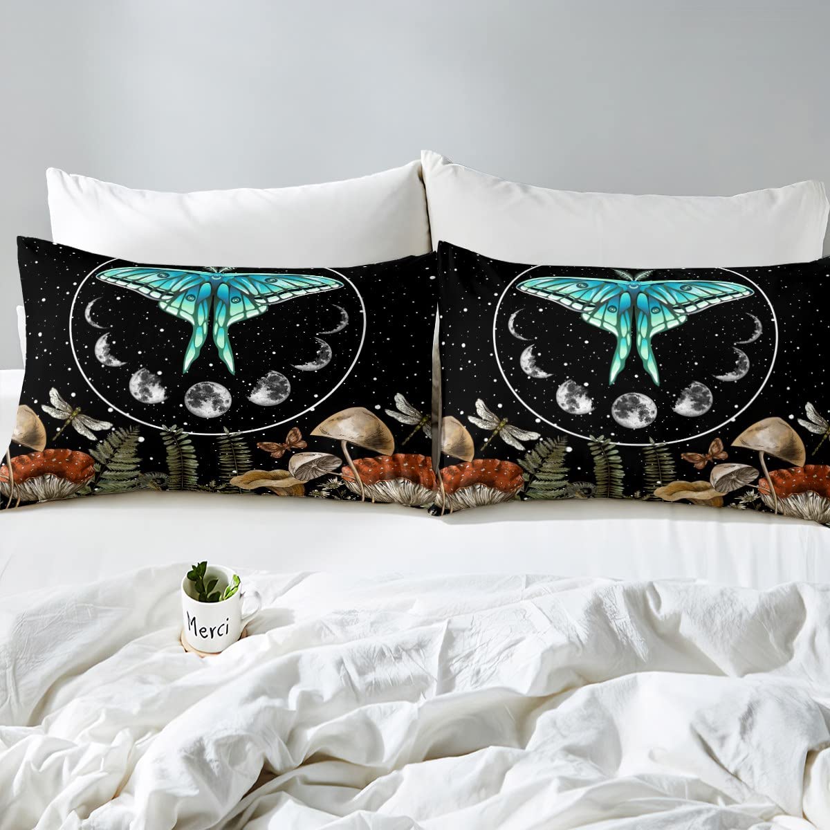 Blue Butterfly Fitted Queen Sheet Set - Dragonfly Moth Mushroom Bedding with Moon Phase & Starry Sky Design - Bohemian Style Luxury Black Bed Cover for Hippie & Boho Home Decor - Perfect for Bedroom, Guest Room & Dormitory