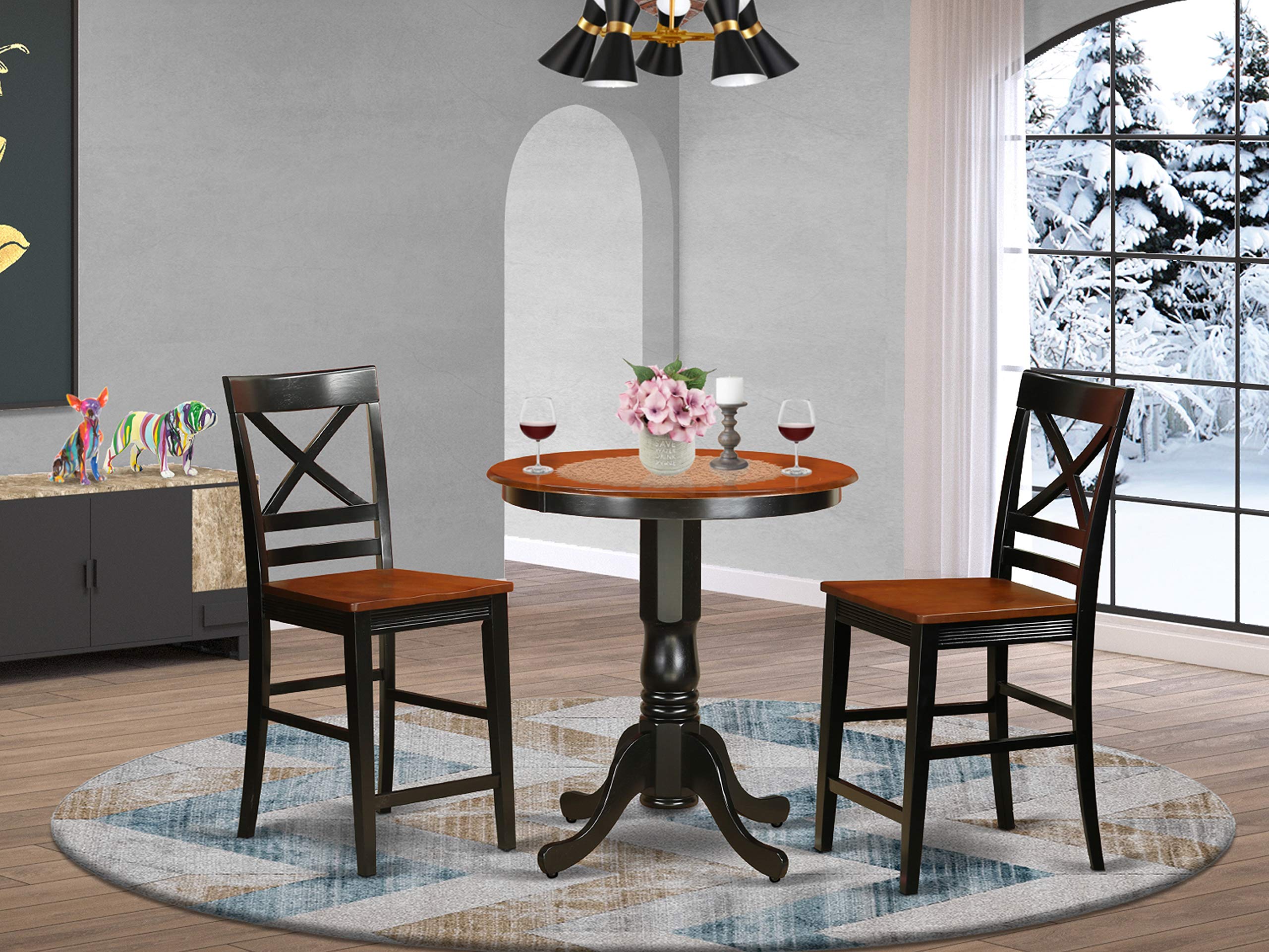 East West Furniture 3-Piece Kitchen Counter Height Dining Set - 30x30 Inch Round Wooden Table with Pedestal & 2 Chairs in Black & Cherry - Perfect for Small Spaces, Breakfast Nooks, and Modern Kitchens