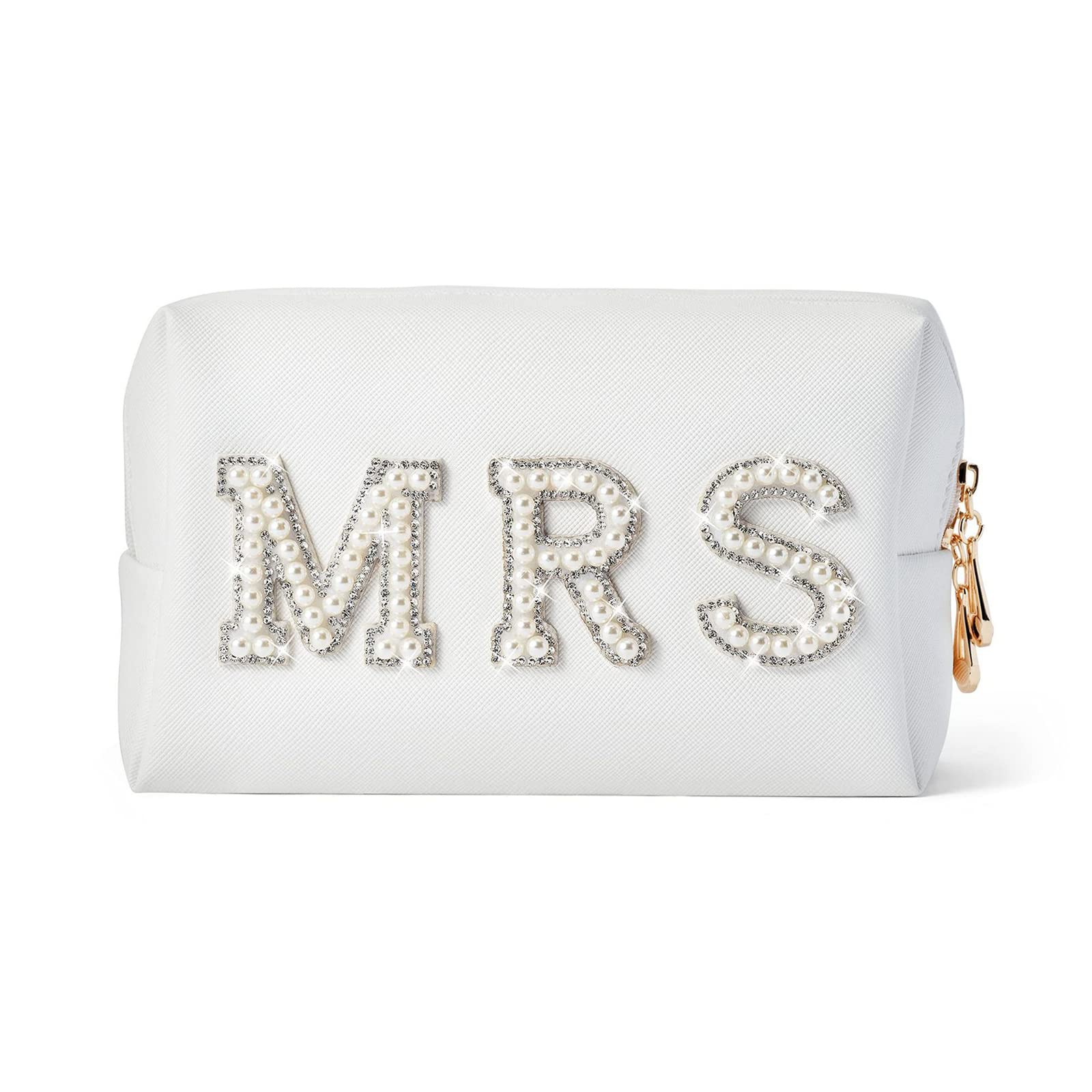 Elegant White PU Leather Bride Makeup Bag with Pearl Letter Patch - Cosmetic & Toiletry Organizer for Wedding Day Essentials | Perfect Bridal Shower, Engagement & Wedding Gift for Women