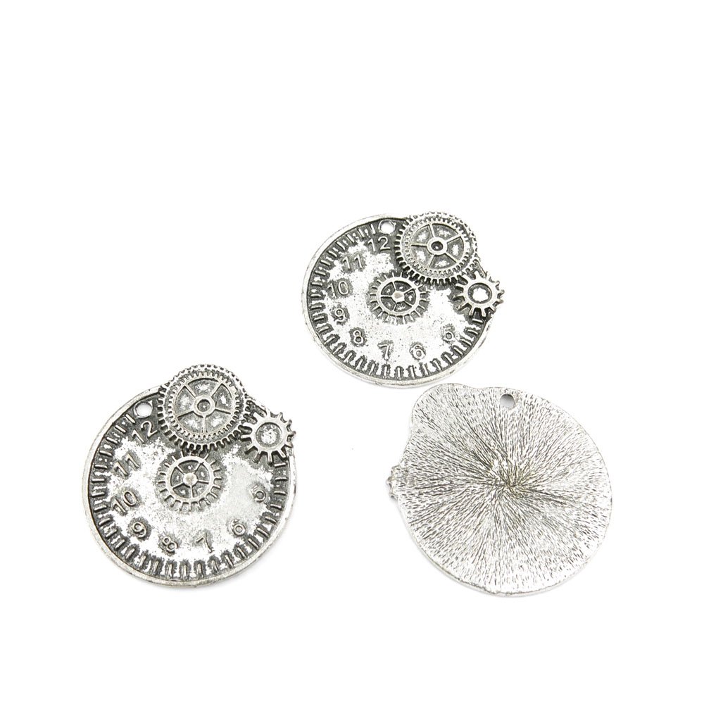 Vintage Gear Clock Pendant Charms - Bulk Ancient Silver Jewelry Findings for DIY Crafts, Steampunk Accessories & Watchmaker Gifts