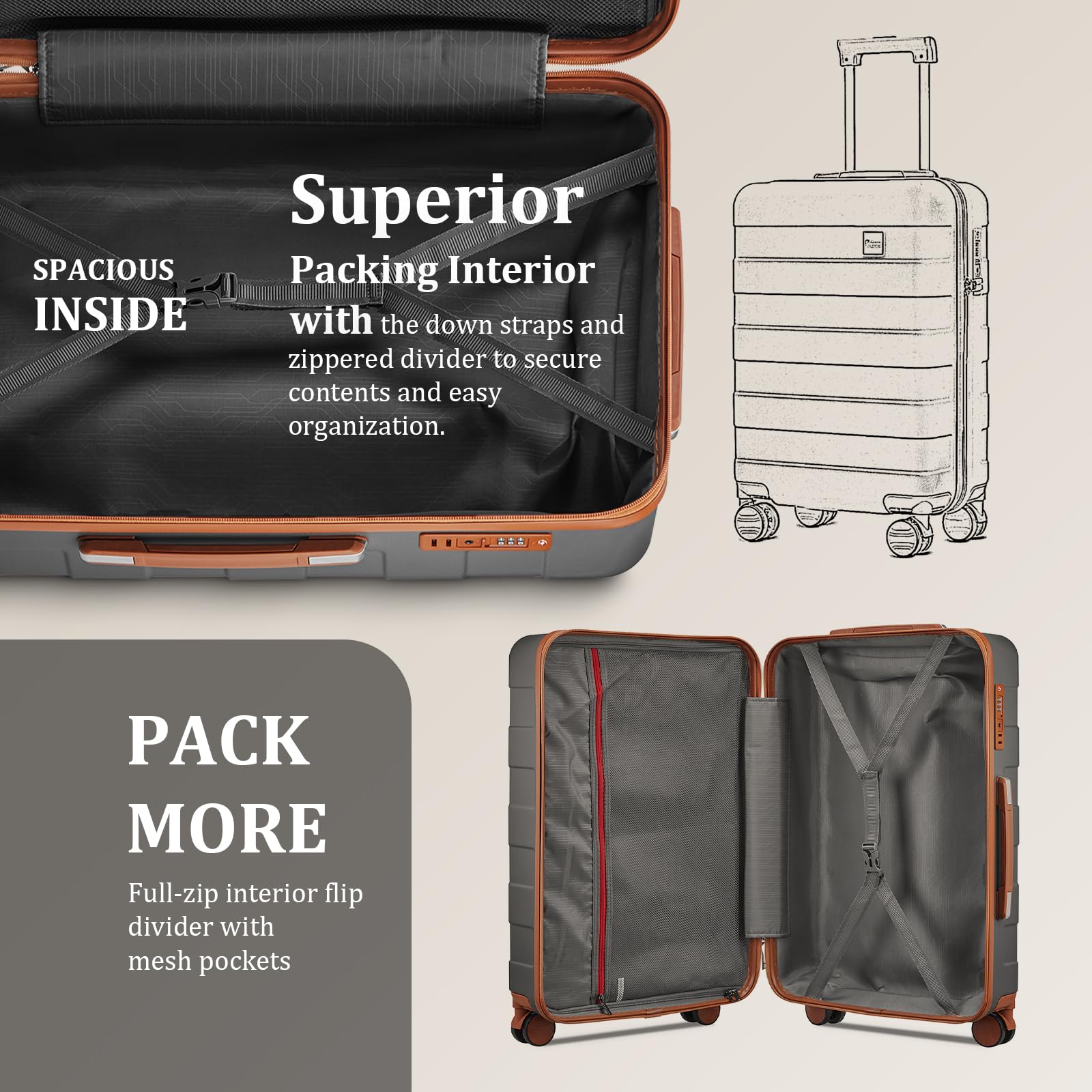 imiomo 3-Piece Lightweight Hardside Luggage Set with Spinner Wheels & TSA Lock - 24IN Checked Suitcase for Women (Grey) | Perfect for Air Travel, Business Trips & Vacation Packing