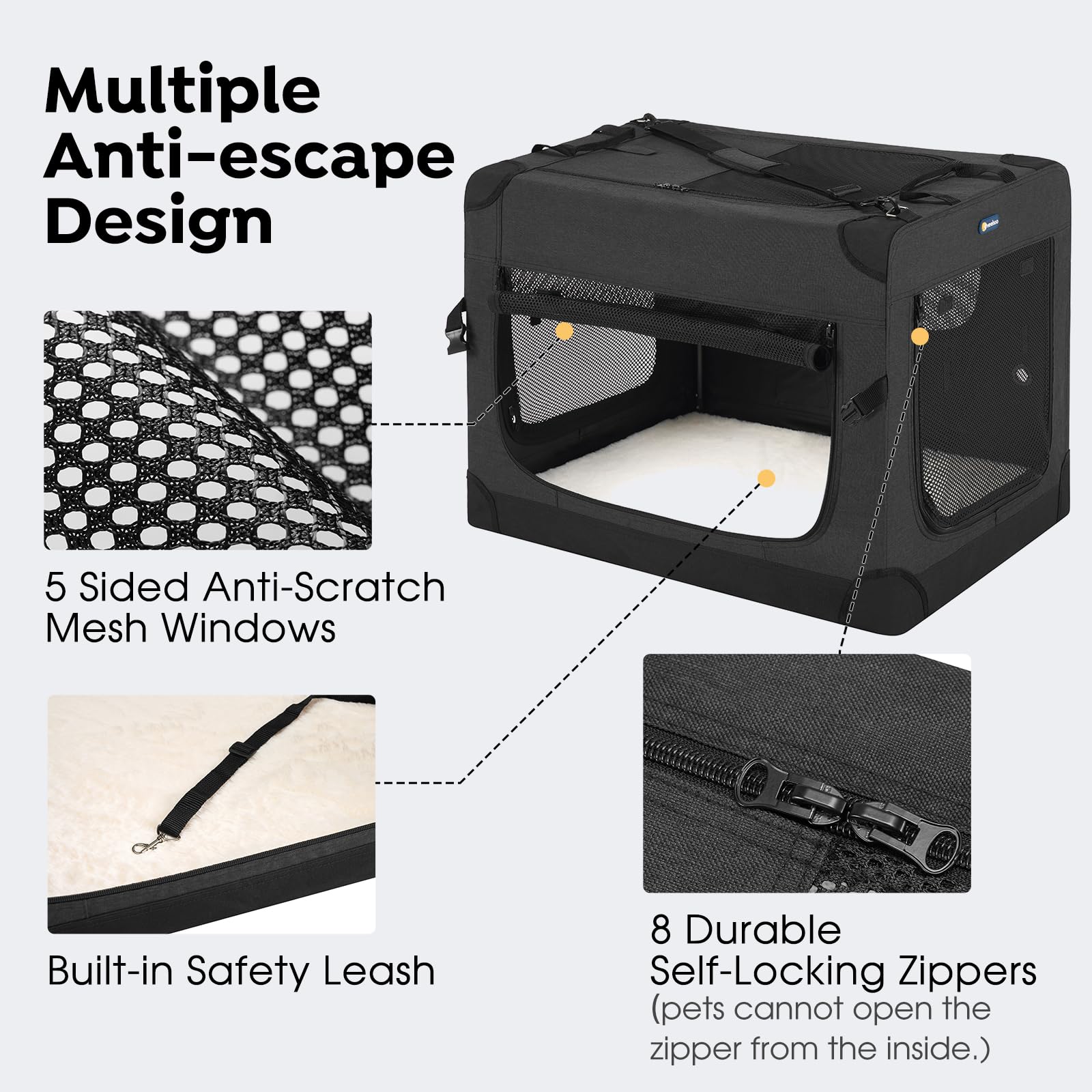 Veehoo 36 Inch Folding Soft Dog Crate - 4-Door Portable Collapsible Pet Kennel for Large Dogs | Heavy-Duty 600D Oxford Fabric & 5 Durable Mesh Screens | Indoor & Outdoor Use for Travel, Camping & Home | Black (CWB2428CP)
