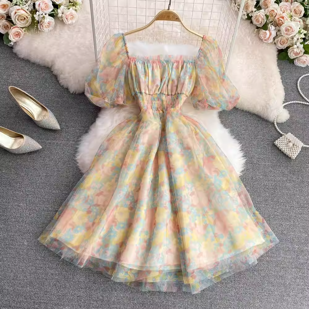 French Square Neck Floral Print Dress - Summer Retro Sweet Chic Women's Dress 1771 | Perfect for Beach Vacations, Garden Parties & Date Nights