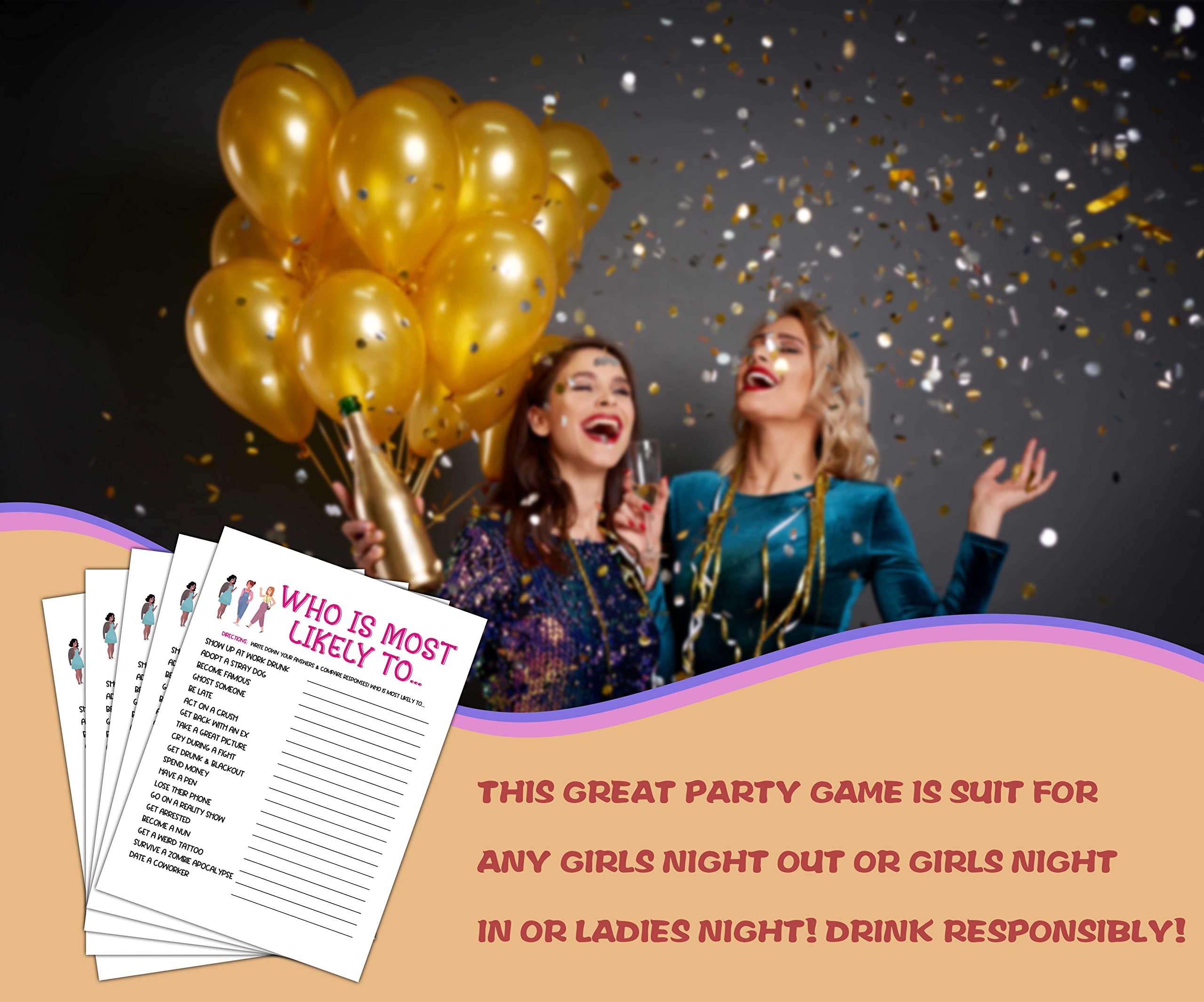 Fun Girls Night Party Game Pack - Who I Most Likely To Game for Ladies Night, Bachelorette Party & Bridal Shower - 30 Hilarious Adult Game Cards for Women's Gatherings, Sleepovers & Girls Night In