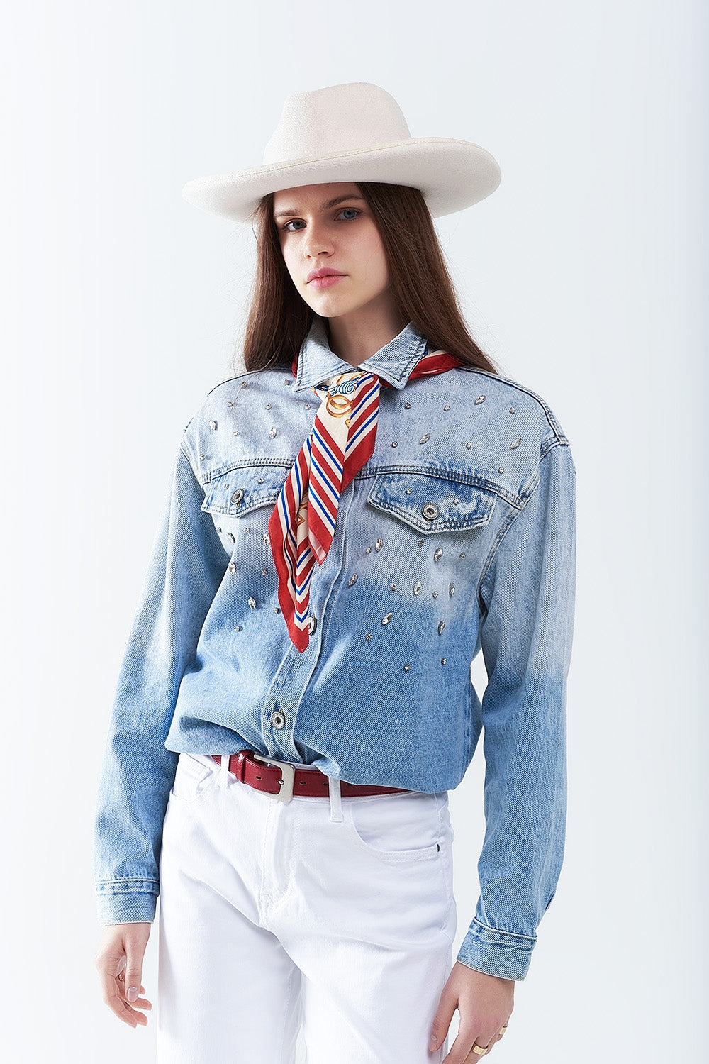 Distressed Denim Shirt with Chest Pockets & Embroidered Rhinestone Details - Casual Wear for Women, Perfect for Street Style & Everyday Outfits