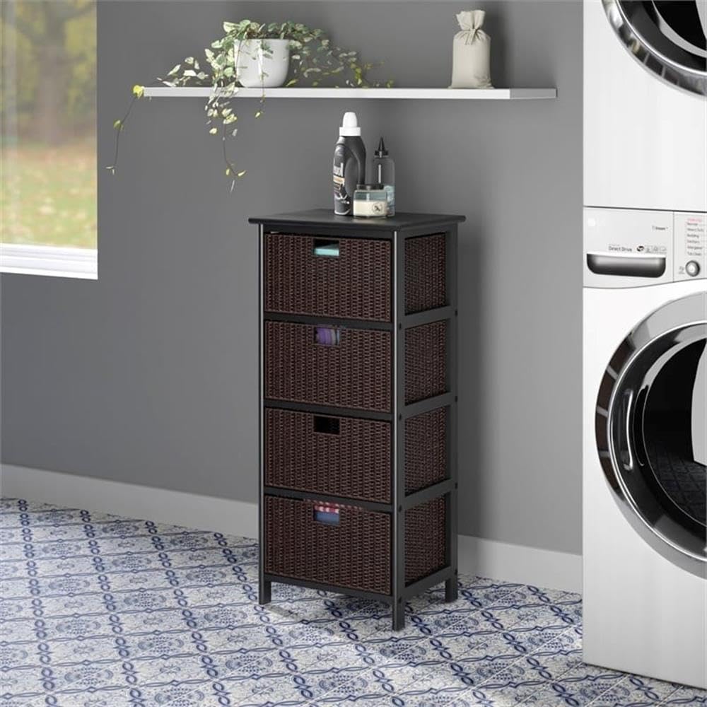 Pemberly Row Solid Wood Storage Rack with 4 Foldable Baskets - Black & Chocolate - Organize Closet, Bathroom, or Nursery - Space Saving Home Decor