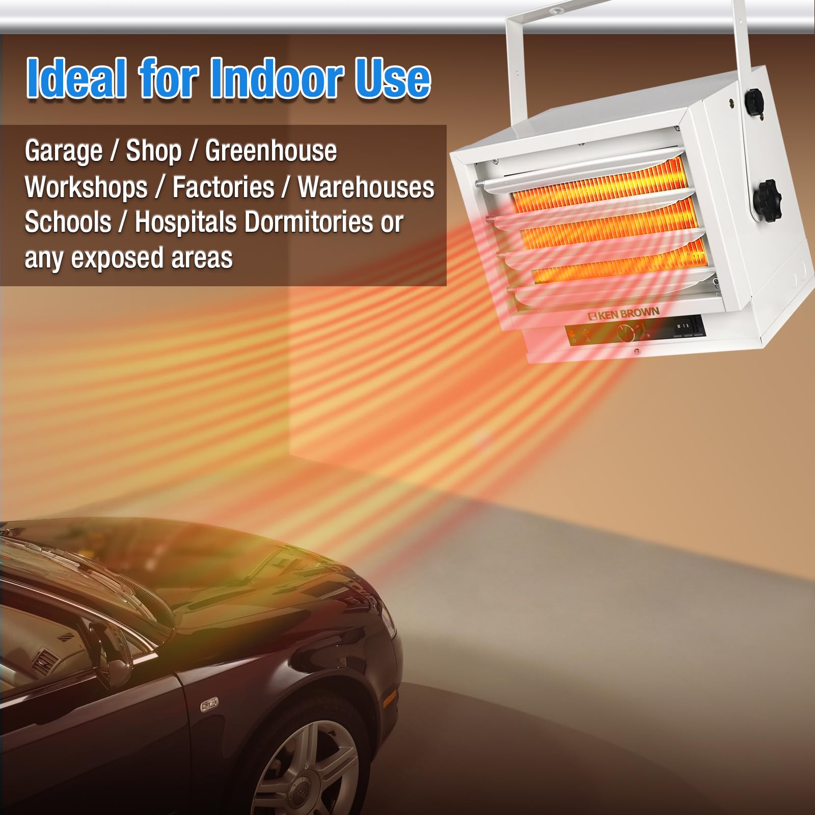 KEN BROWN 3000W/4000W/5000W Electric Garage Heater - 240V Hardwired Ceiling Mount Shop Heater with Fan Forced Heating, 3 Heat Levels & Thermostat - Perfect for Garage, Workshop, Warehouse, Greenhouse, Basement & Large Spaces
