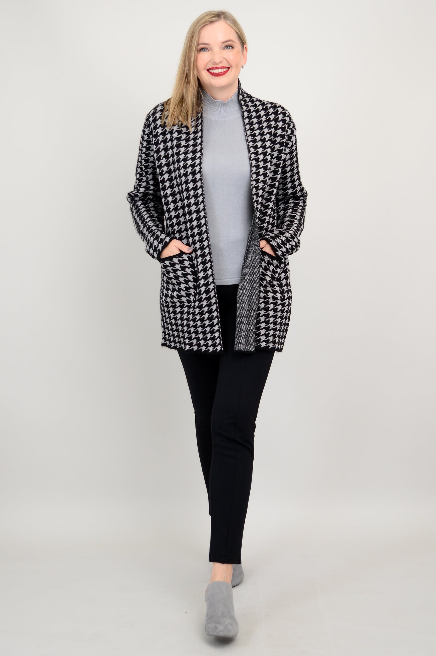 Dakota Cardigan Women's Houndstooth Pattern Cotton Wool Blend Knit Sweater for Fall & Winter - Cozy Office Wear & Casual Outfits