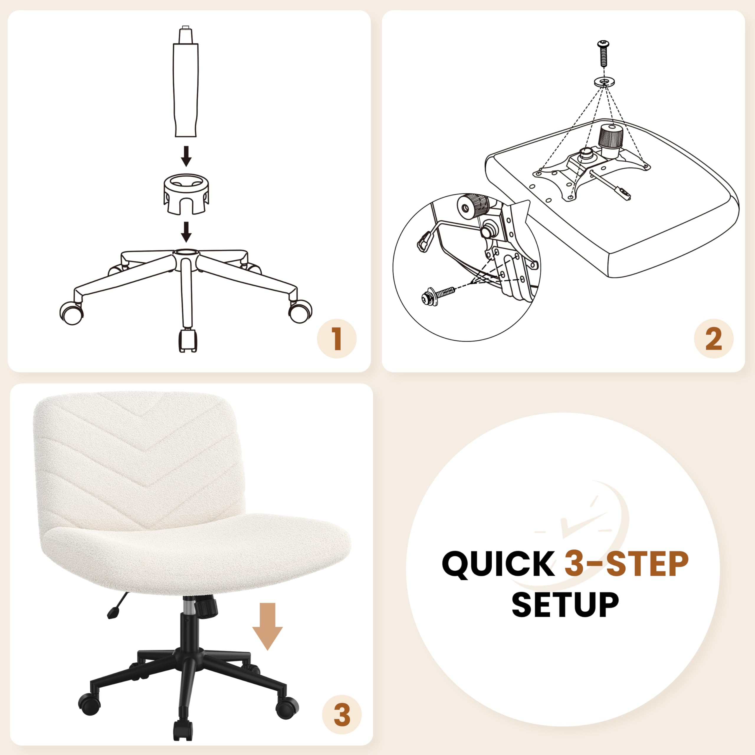 Yaheetech Wide Criss Cross Chair with Wheels - Armless Swivel Office Desk Chair with Comfortable Cross-Legged Design, Computer Chair for Home Office & Vanity (Ivory) - Perfect for Workstations, Gaming & Makeup Areas
