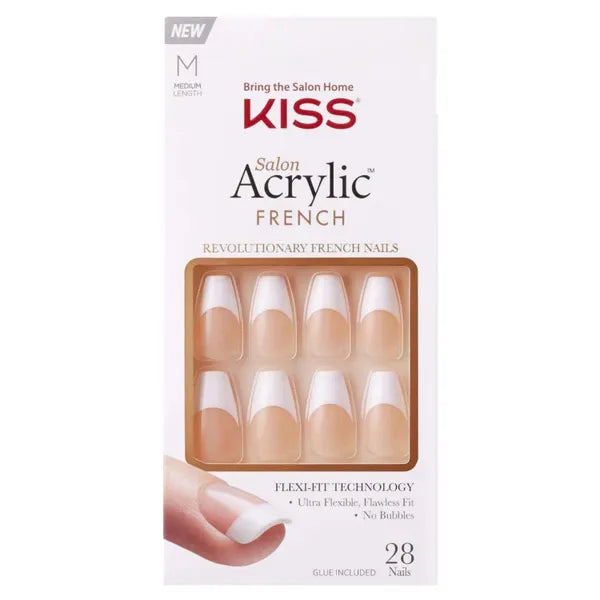 Kiss Salon Acrylic French Nails Medium Coffin KSA16C 29g - False Nails for Women, Medium Length Coffin Shape Press On Nails with French Tip Design, Perfect for Parties, Weddings & Special Occasions