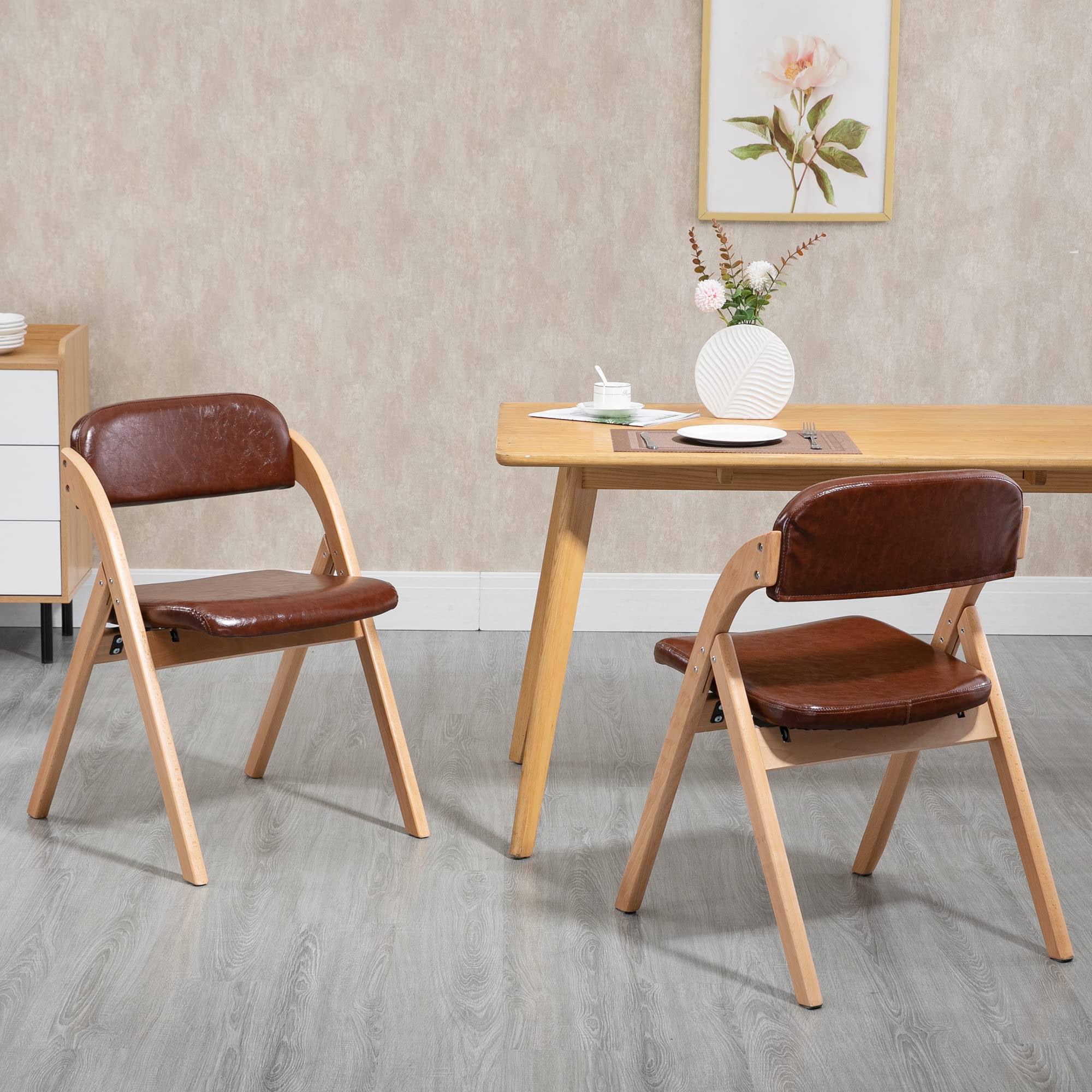 HOMEFUN PU Folding Chairs with Padded Seats - Set of 2 Wooden Stackable Dining Chairs for Kitchen, Office, Wedding & Guest Use - Easy to Assemble Space-Saving Furniture for Home & Events