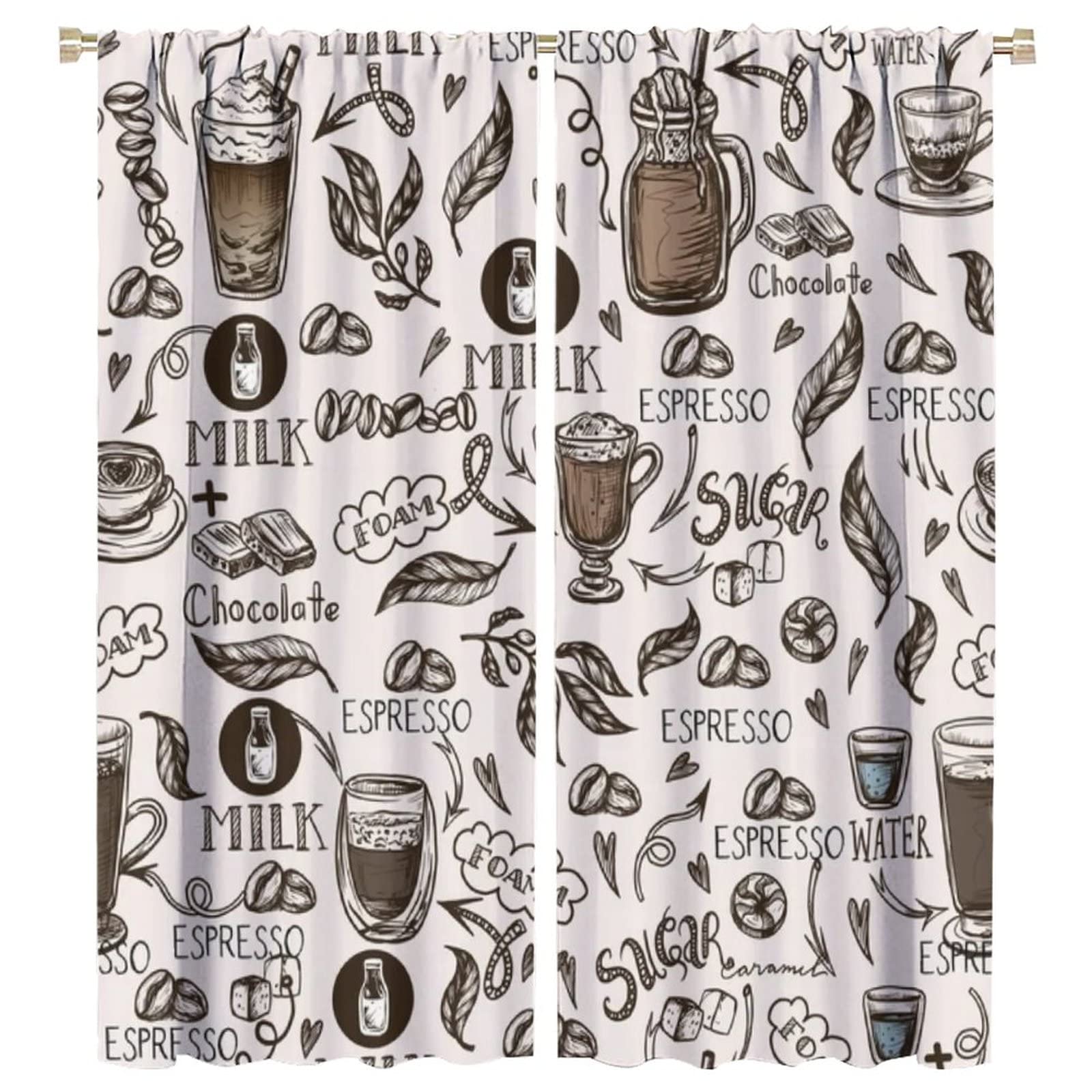Blackout Coffee Silhouette Curtains for Kitchen & Living Room - 42x54 Inch Window Door Rod Pocket Drapes with Various Coffee Cup Designs | Perfect for Home Decor, Cafe Style, and Light Blocking