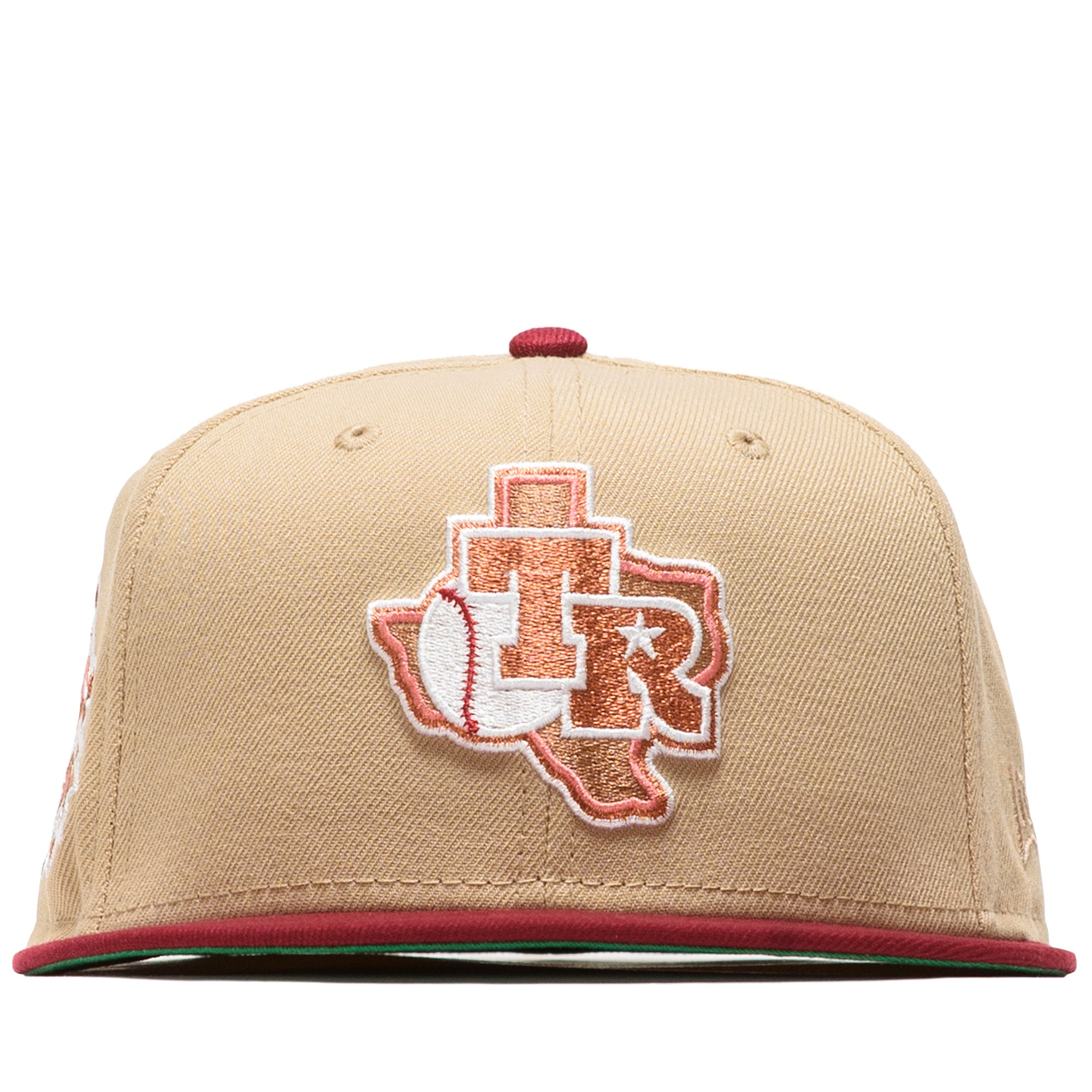 New Era x Politics Texas Rangers 59FIFTY Fitted Hat - Camel/Cardinal - Official MLB Baseball Cap for Men & Women - Perfect for Games, Fan Gear & Streetwear Fashion
