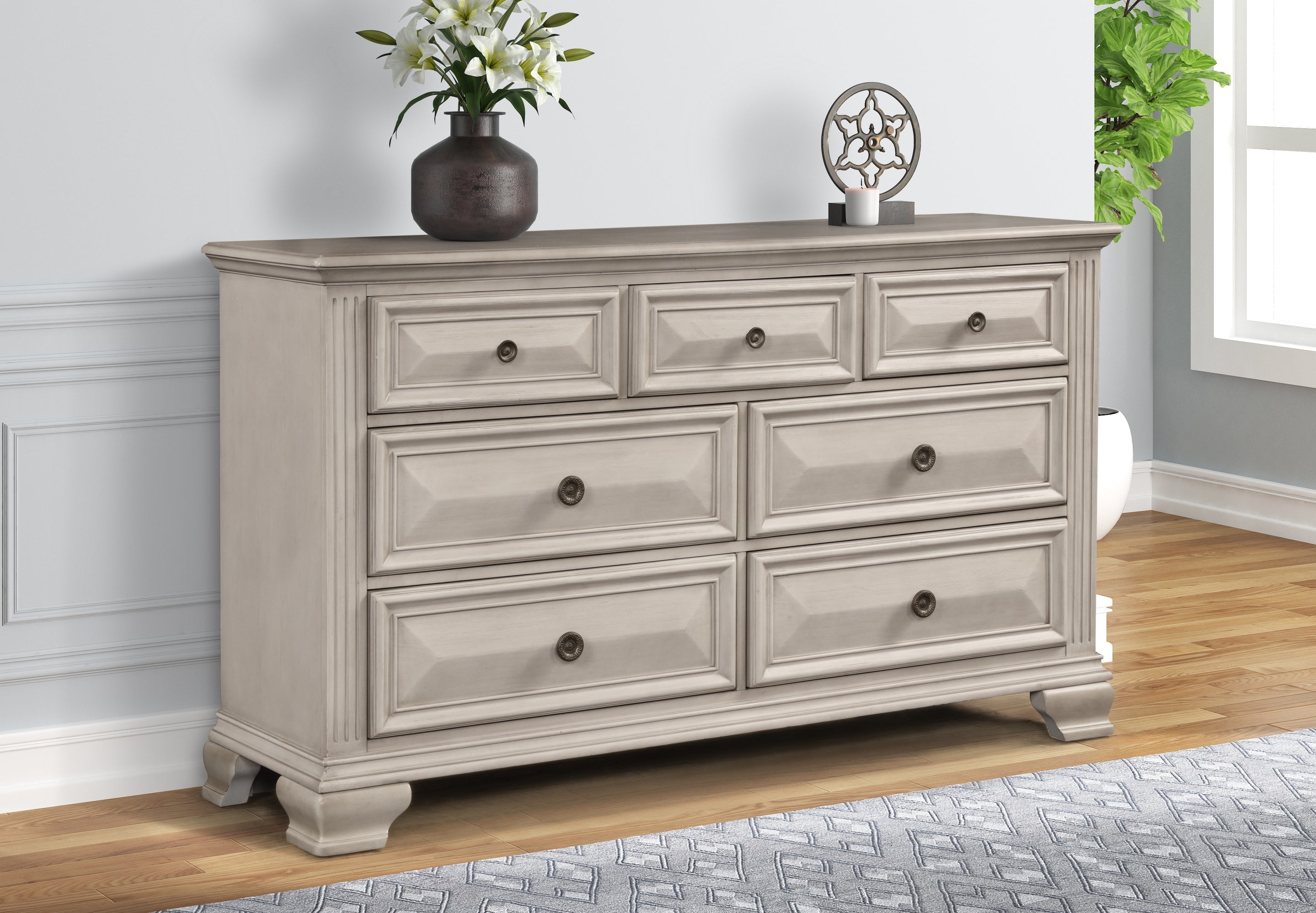 Renova Distressed Parchment 7-Drawer Dresser with Mirror - Vintage Style Bedroom Furniture for Master Bedroom & Guest Room Organization
