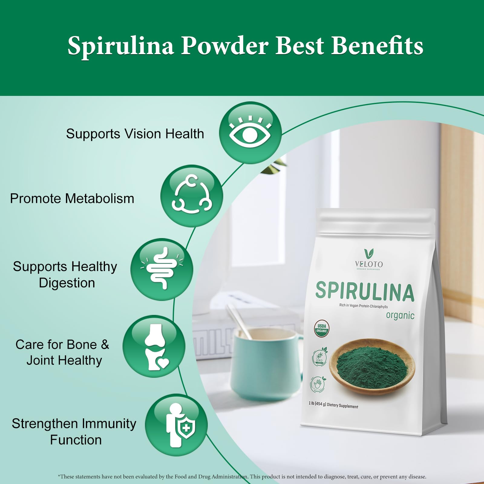 Organic Spirulina Powder Superfood - 1 Pound (16 Ounce) | Vegan Protein, Antioxidants & Vitamins Supplement for Immune Support | Non-GMO, Gluten-Free | Smoothies, Detox Drinks & Health Boosters