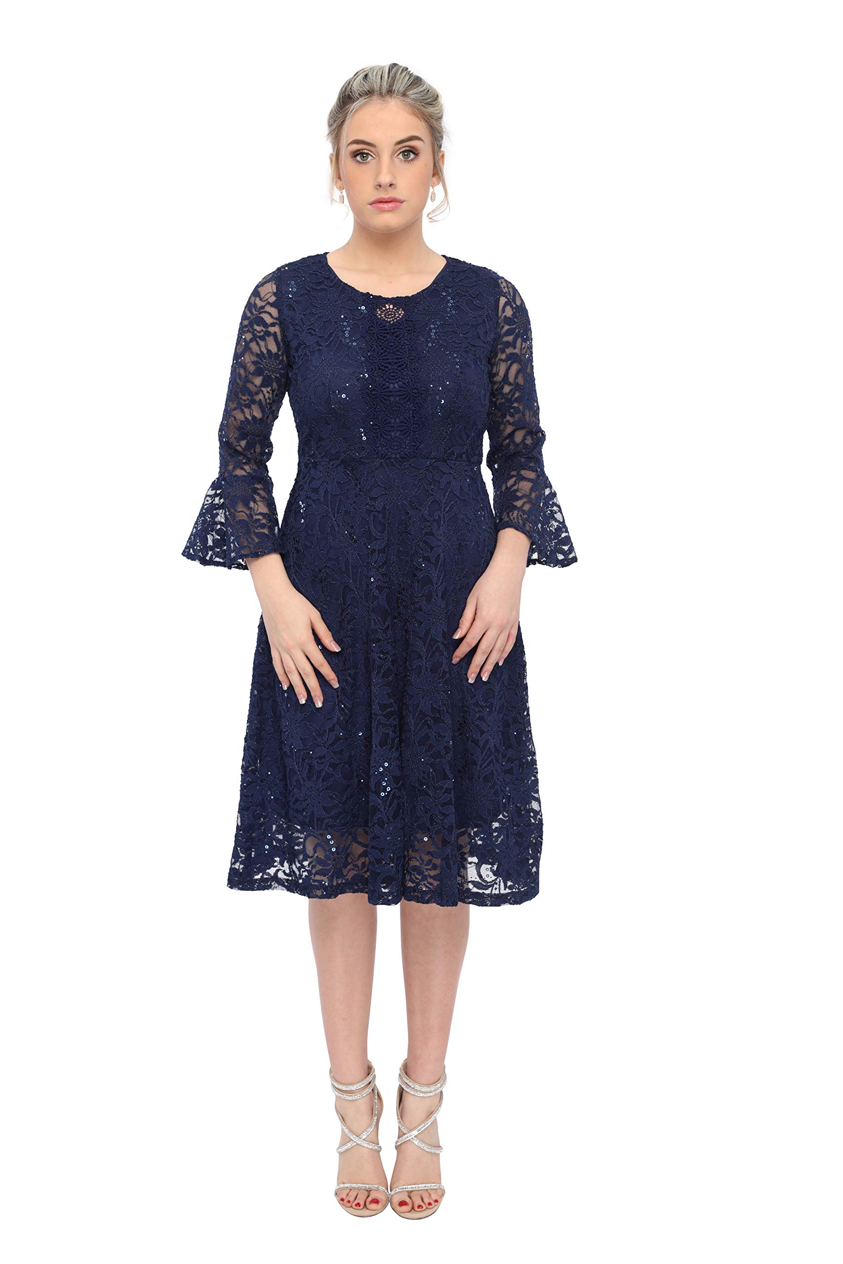 SLEEKTRENDS Women's Elegant Lace Cocktail Dress - Crew Neck Formal Bridesmaid Dress with Sequin Details | Perfect for Weddings, Parties & Special Occasions