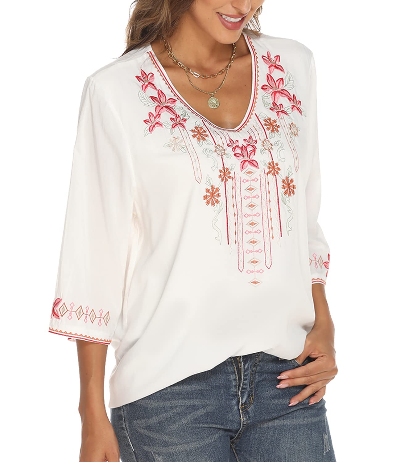 Higustar Women's Mexican Embroidered Bohemian Peasant Blouse - 3/4 Sleeve Boho Tunic Top for Festivals, Beach & Casual Wear | Hippie Style Summer Shirt