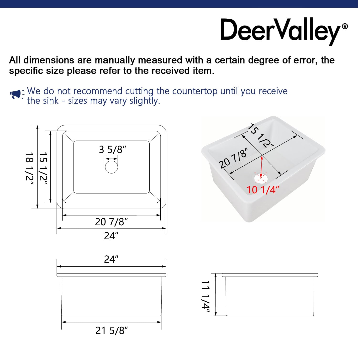 Premium White Fireclay Undermount Kitchen Sink - DeerValley Single Bowl Workstation Sink with Sink Grid & Basket Strainer (24.02